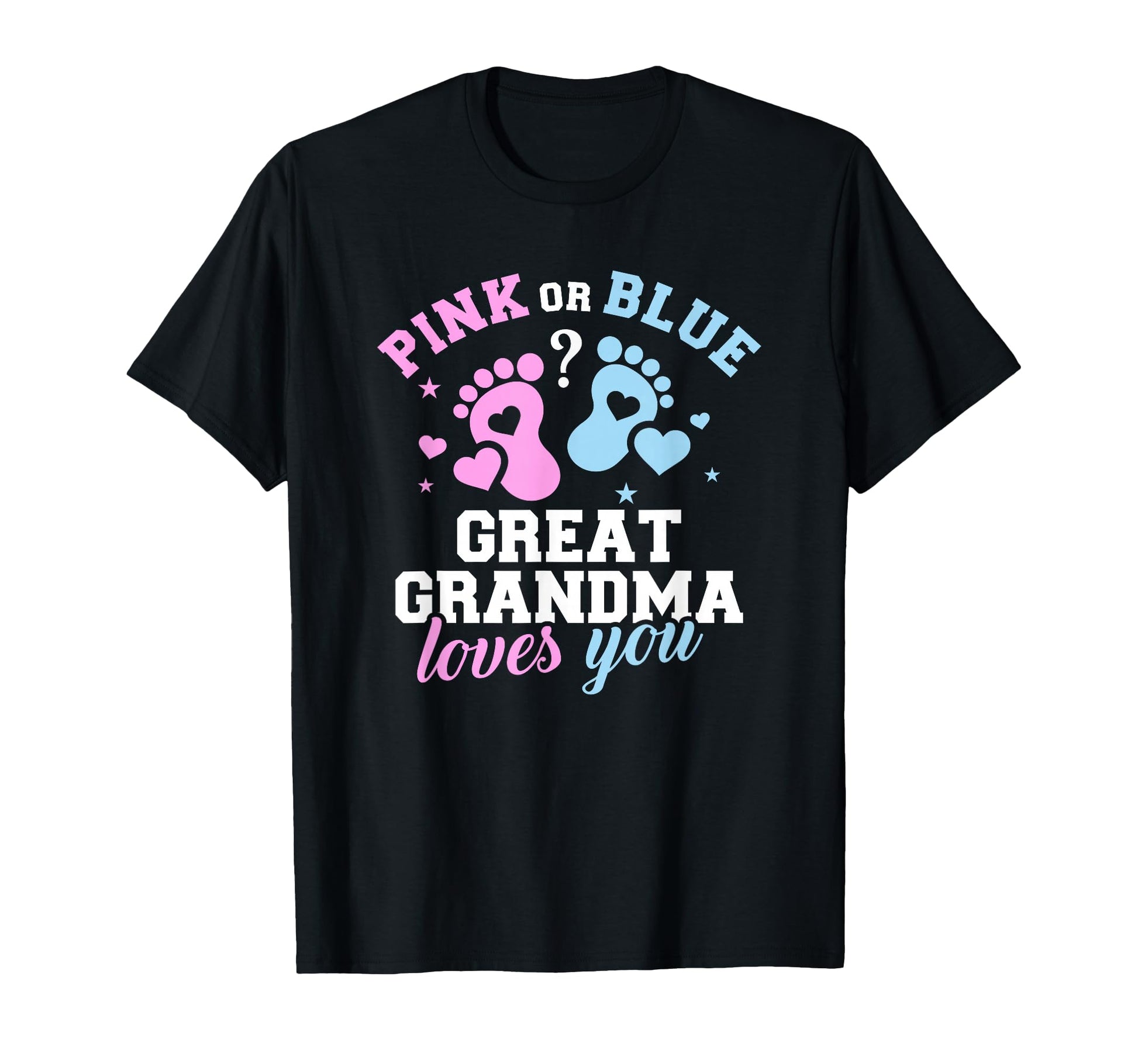 Great Grandma Gender Reveal T-Shirt - Black with Colorful Text, Baby Feet & Hearts, Small Size