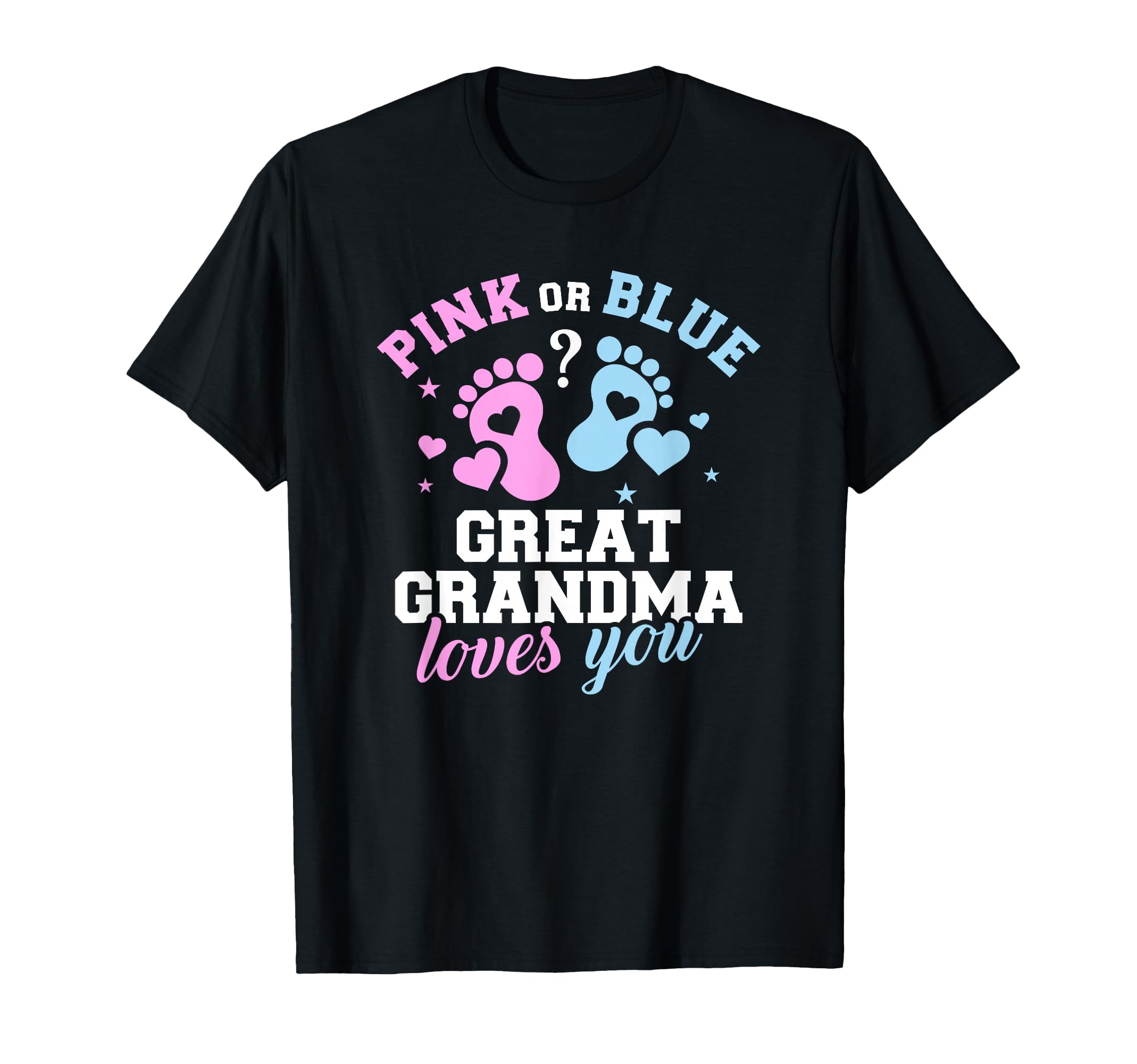 Great Grandma Gender Reveal T-Shirt - Black with Colorful Text, Baby Feet & Hearts, Small Size