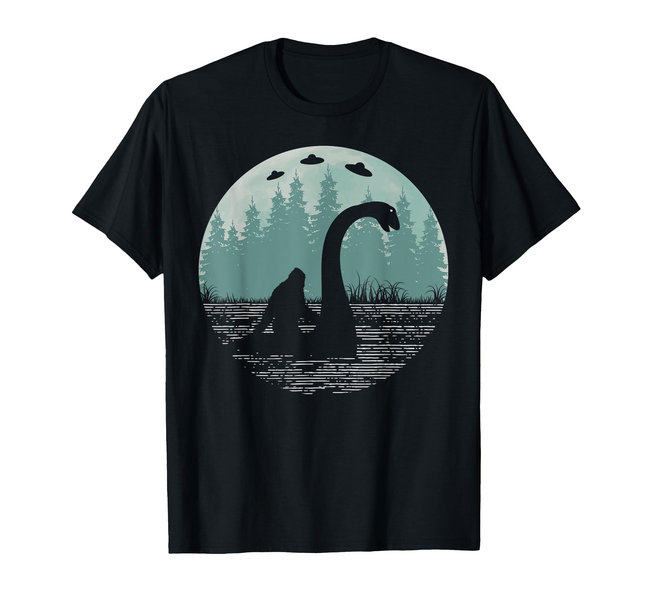 Funny Bigfoot Riding Loch Ness Monster T-Shirt for Mythical Creature Enthusiasts
