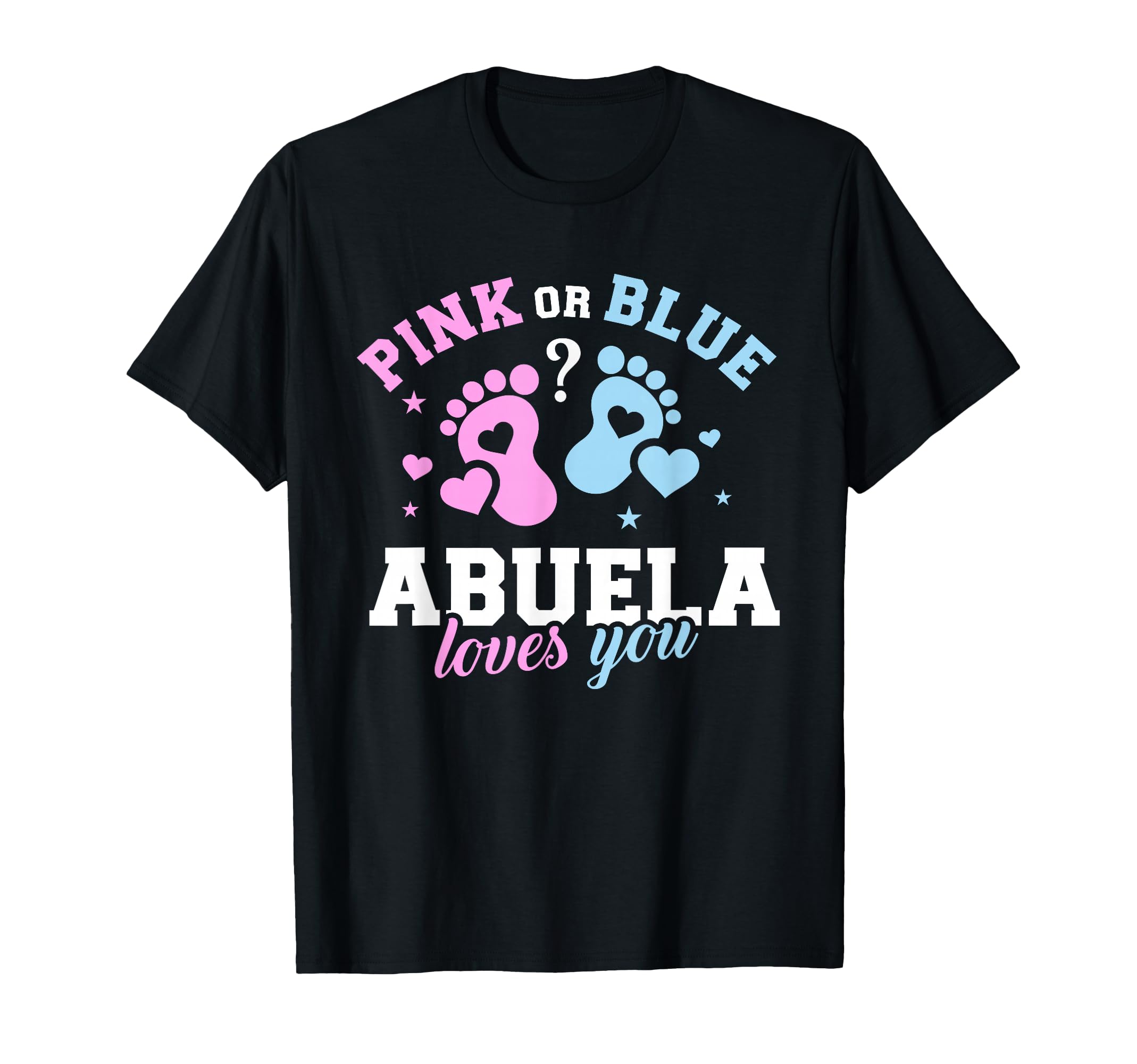 Gender Reveal Abuela Grandma T-Shirt, Black with Colorful Baby Footprints and Hearts, Small Size