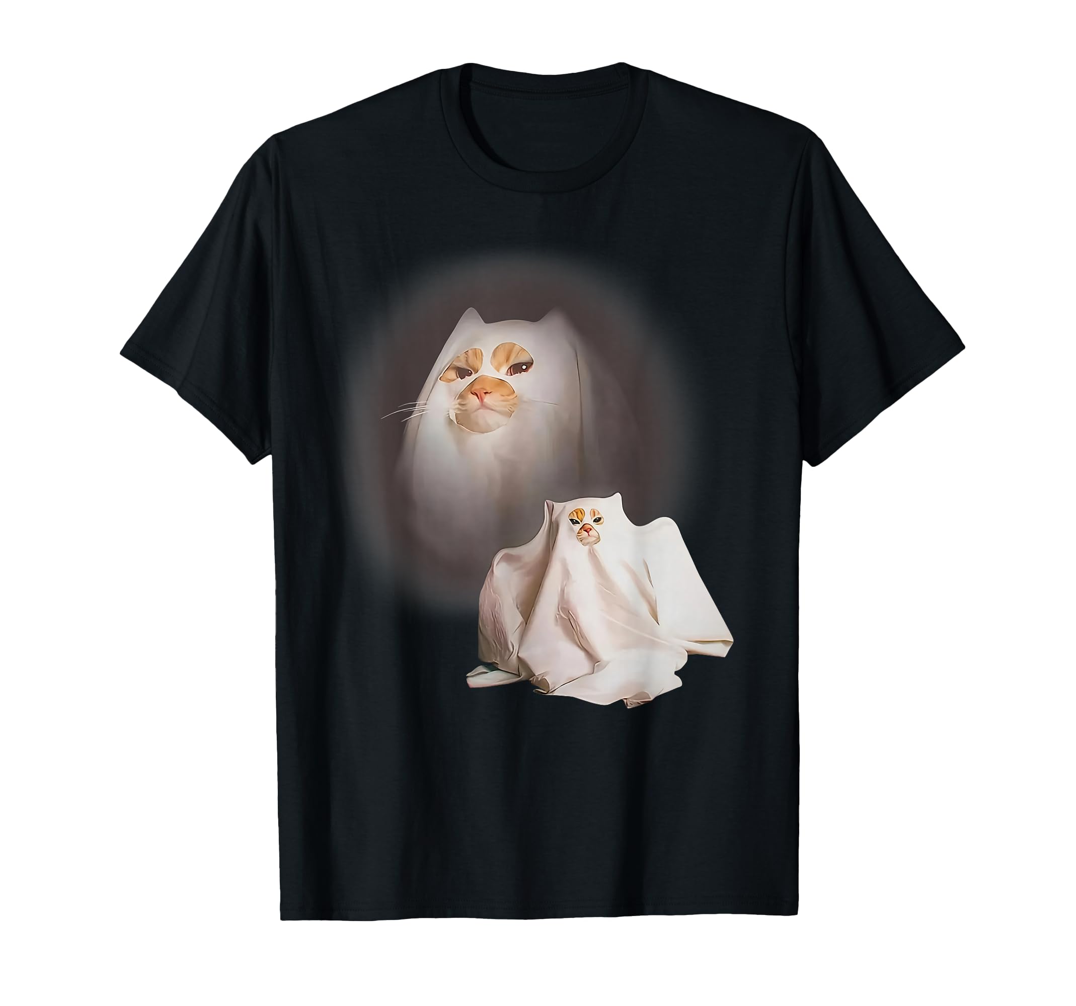 Whimsical Ghost Cat T-Shirt for Halloween Fun and Humor