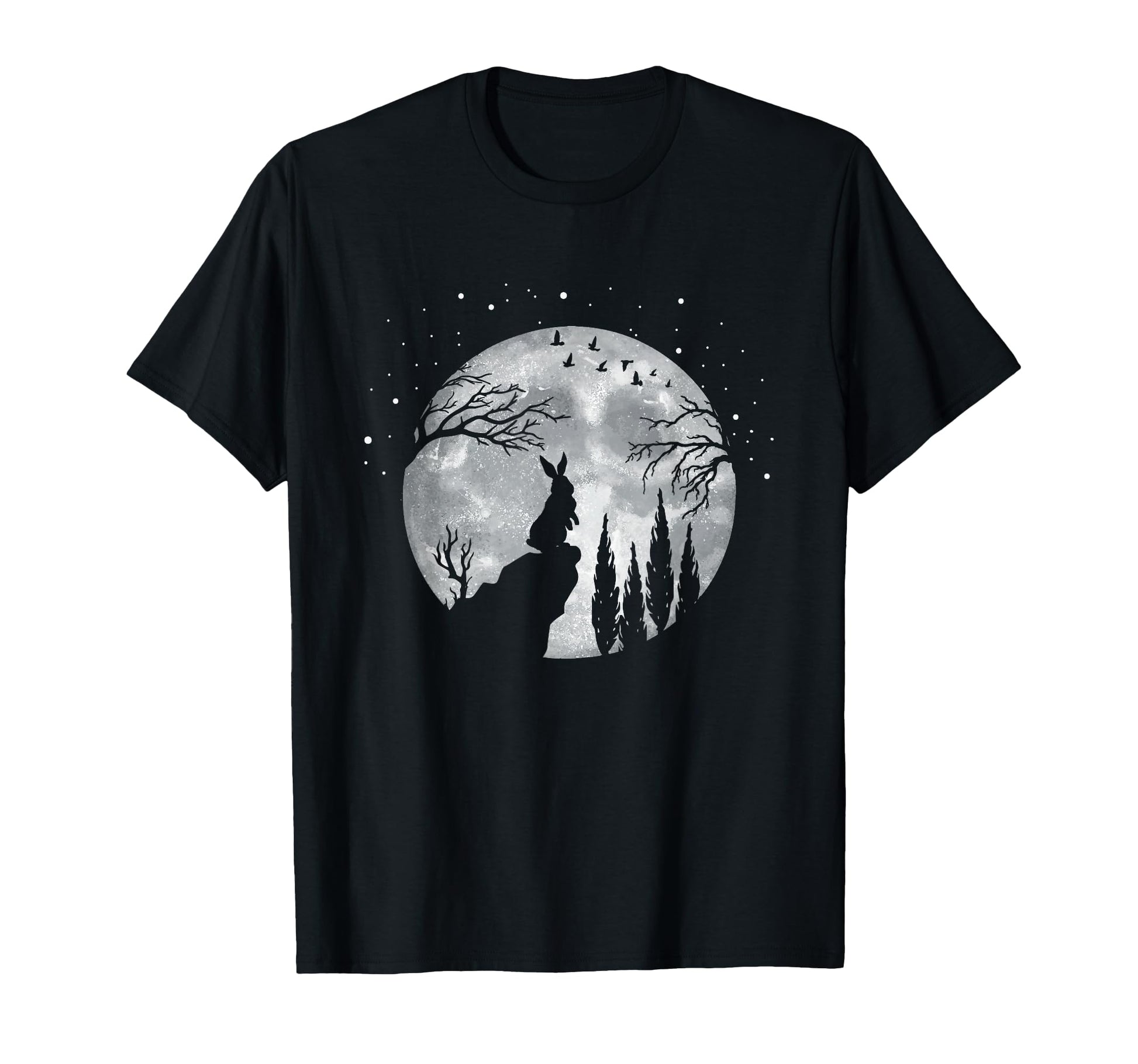 Funny Rabbit Hare Full Moon Night T-Shirt - Silhouette Bunny on Cliff with Starry Sky and Trees