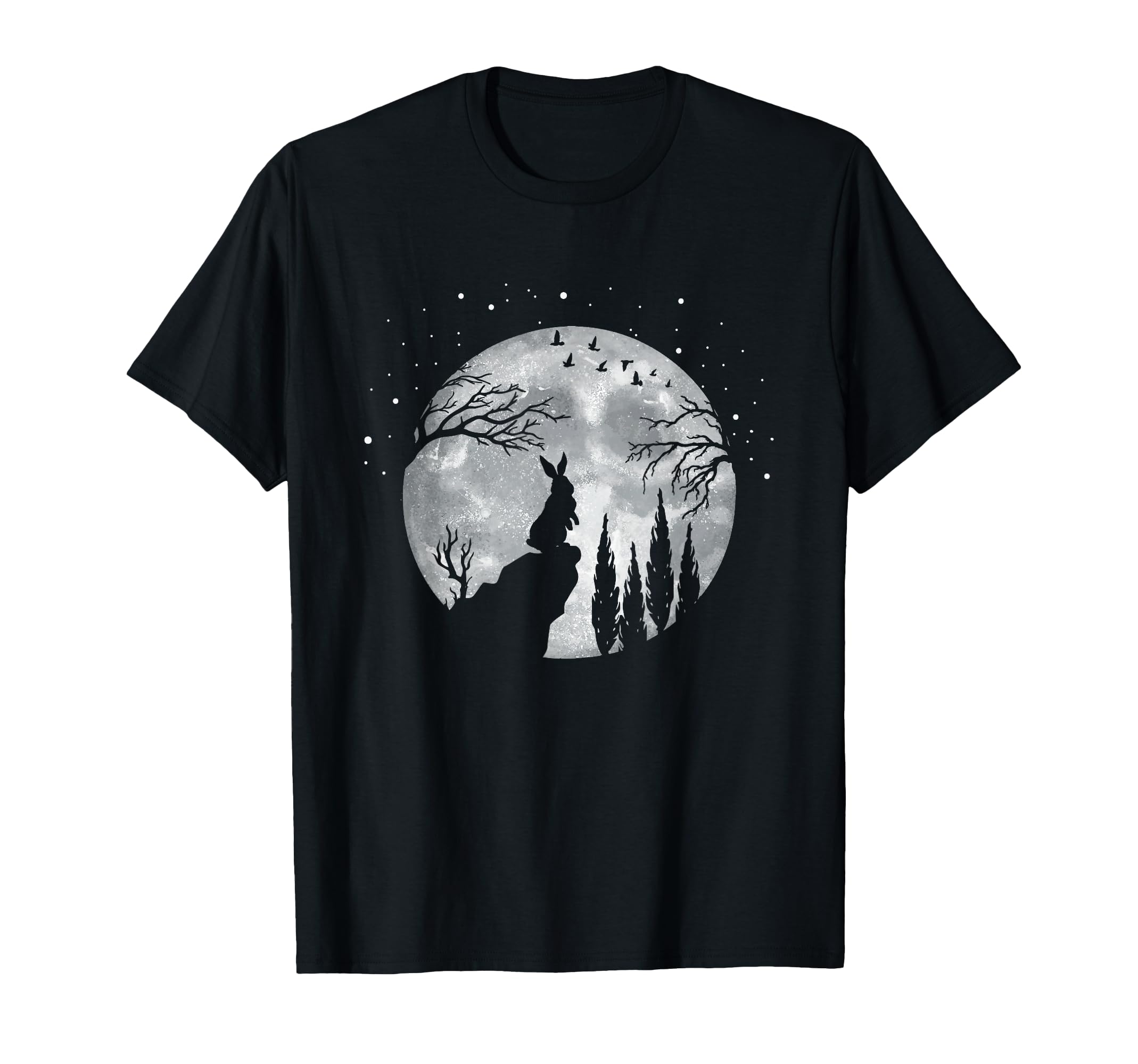 Funny Rabbit Hare Full Moon Night T-Shirt - Silhouette Bunny on Cliff with Starry Sky and Trees