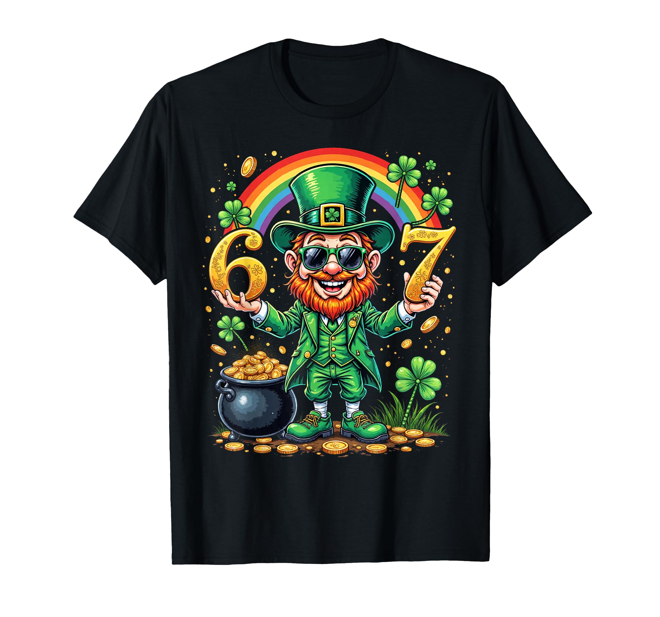 Funny Leprechaun T-Shirt for St. Patrick's Day Celebration with Shamrocks and Pot of Gold