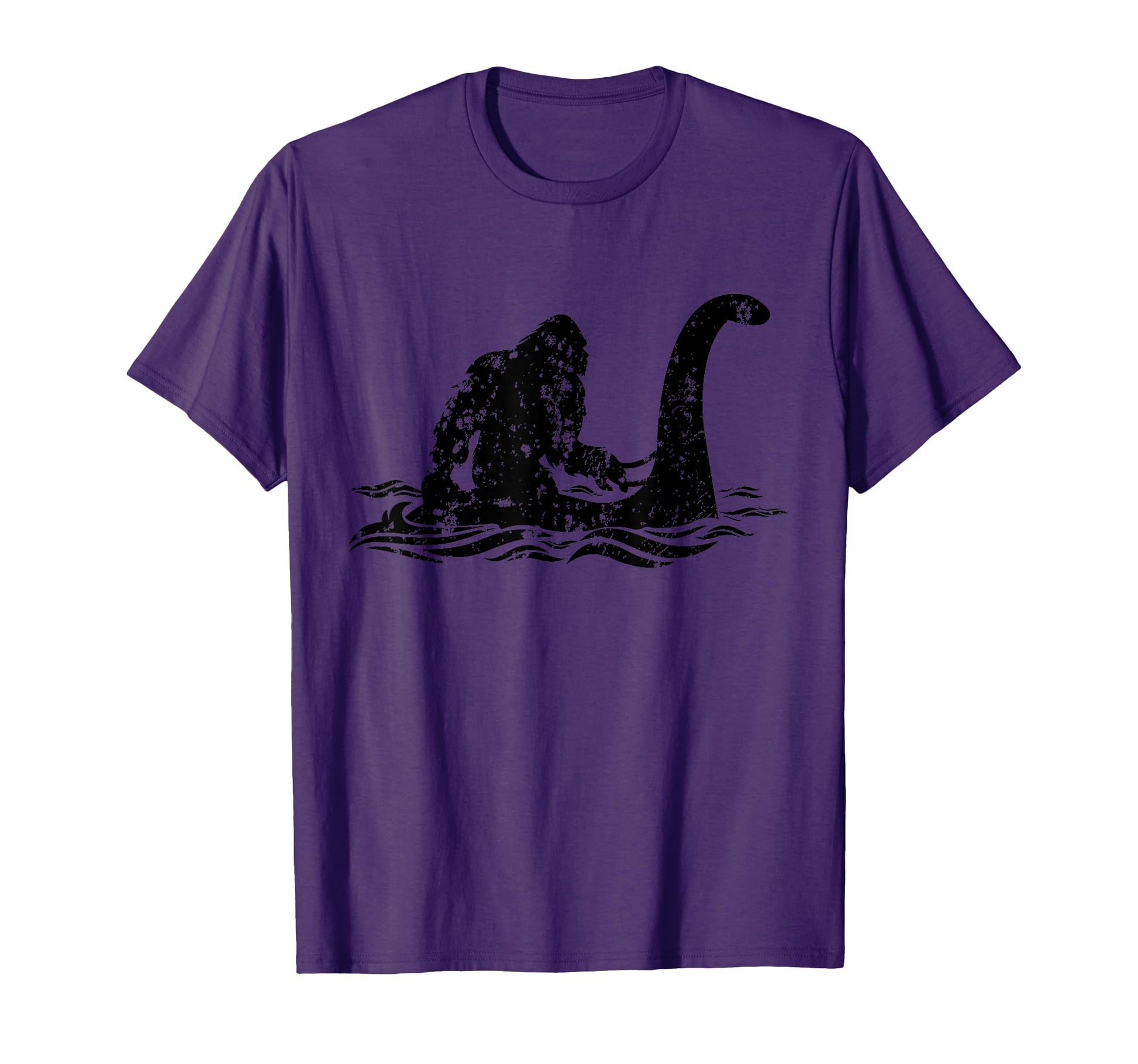 Purple Bigfoot Riding Nessie Lochness Monster Graphic T-Shirt for Fun and Adventure
