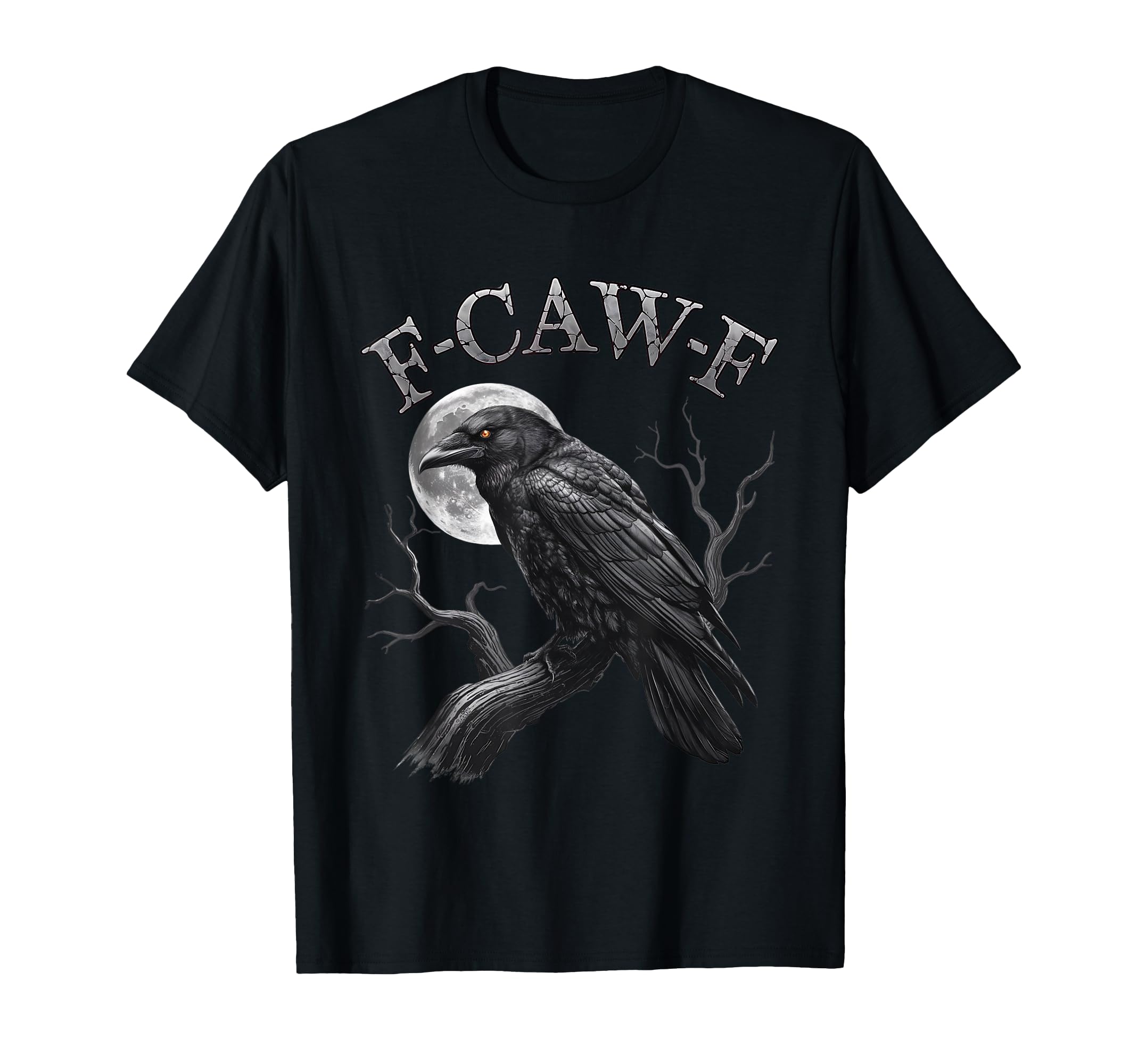 Funny Black Crow F-Caw-F Gothic Adult Humor T-Shirt with Raven and Full Moon Design