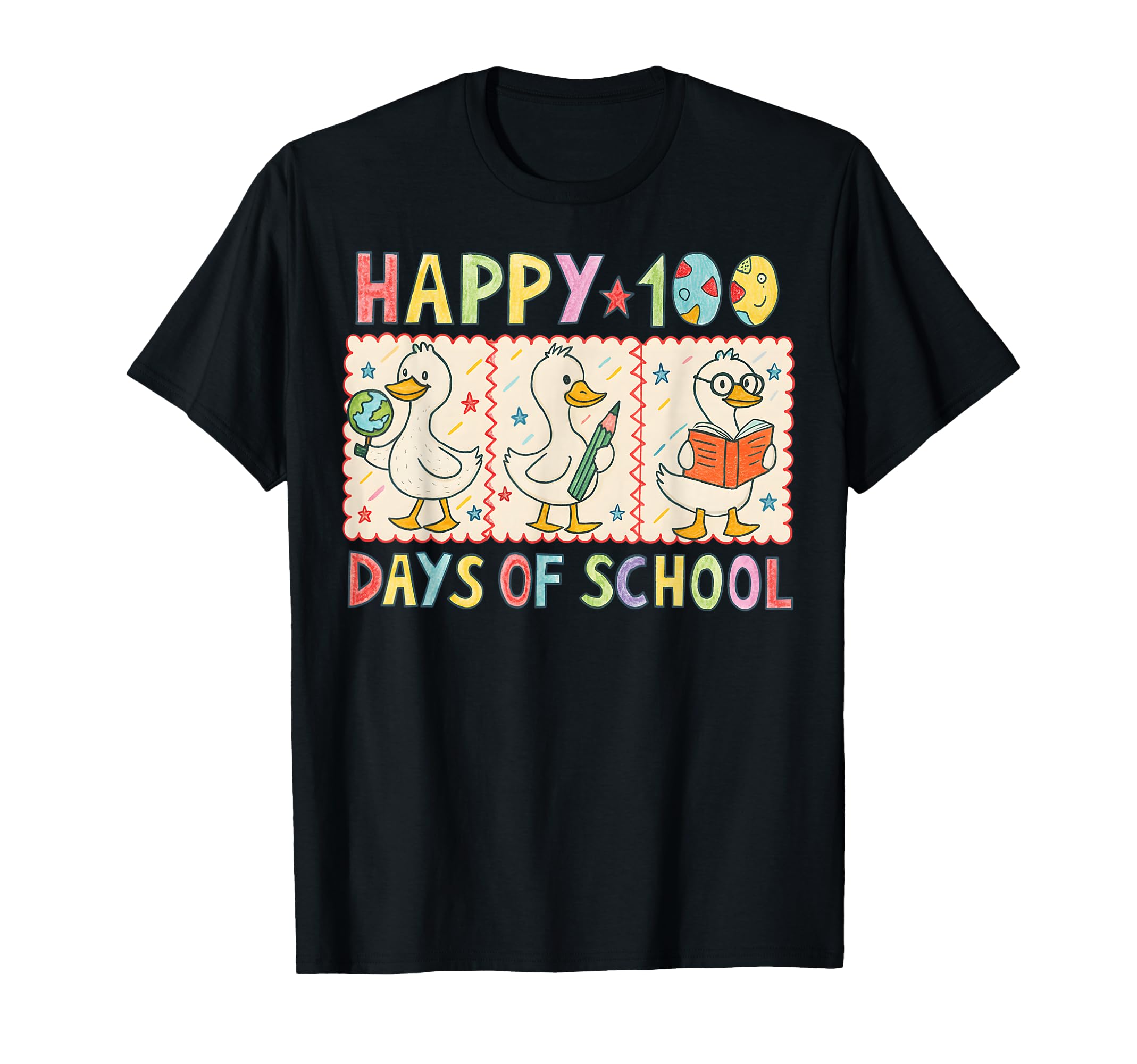 100 Days of School Cute Duck Teacher T-Shirt - Fun Cartoon Ducks with Globe, Pencil, and Book Design