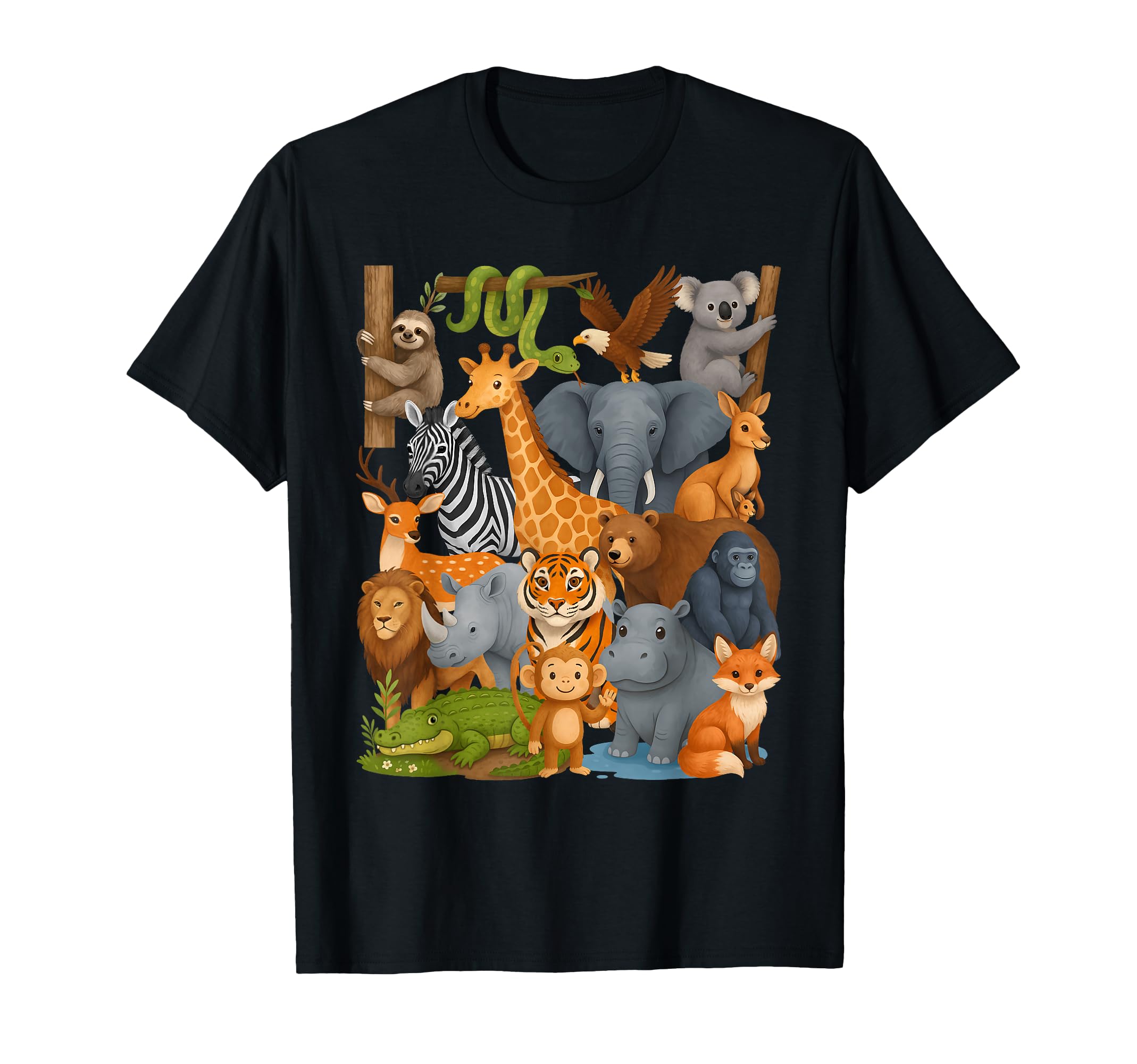 Colorful Cartoon Zoo Animals T-Shirt for Fun Wildlife Safari Jungle Birthday Party