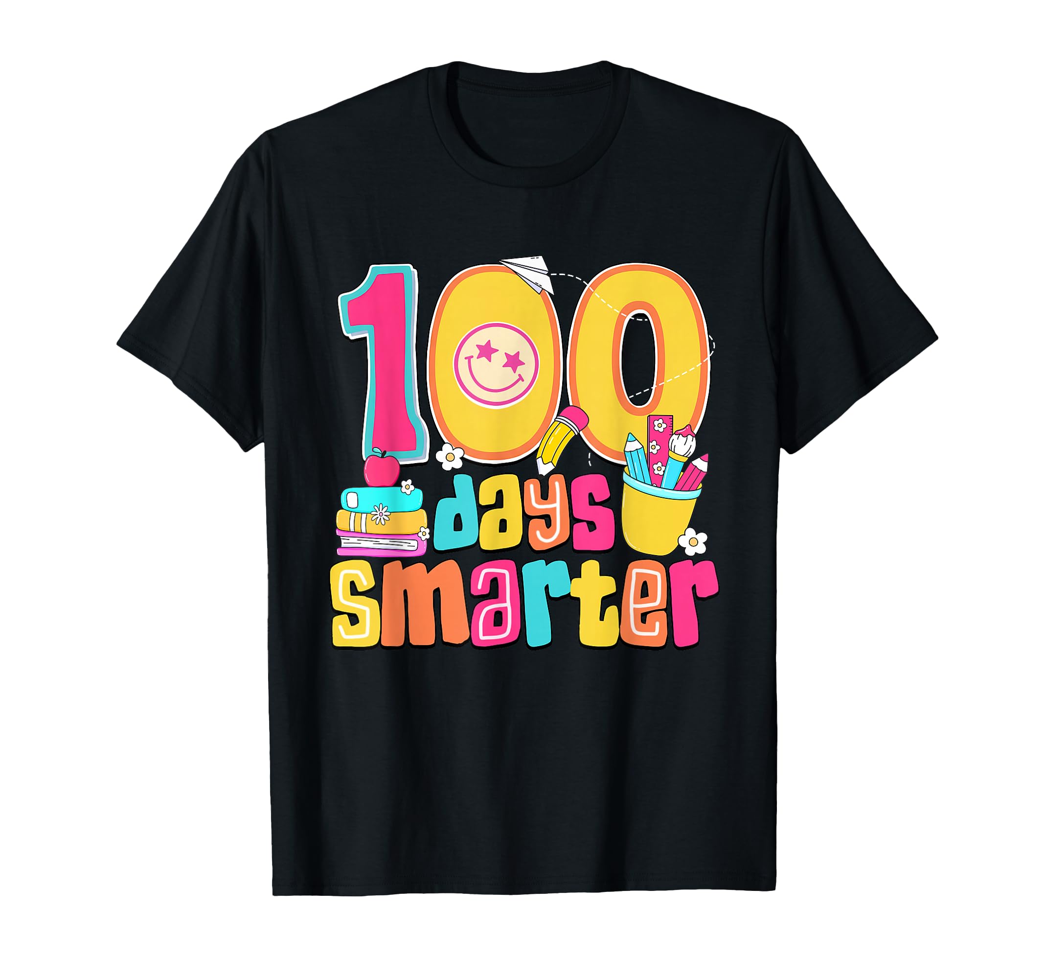 100th Day of School T-Shirt - 100 Days Smarter Design with Playful Graphics and Bright Colors on Black Background
