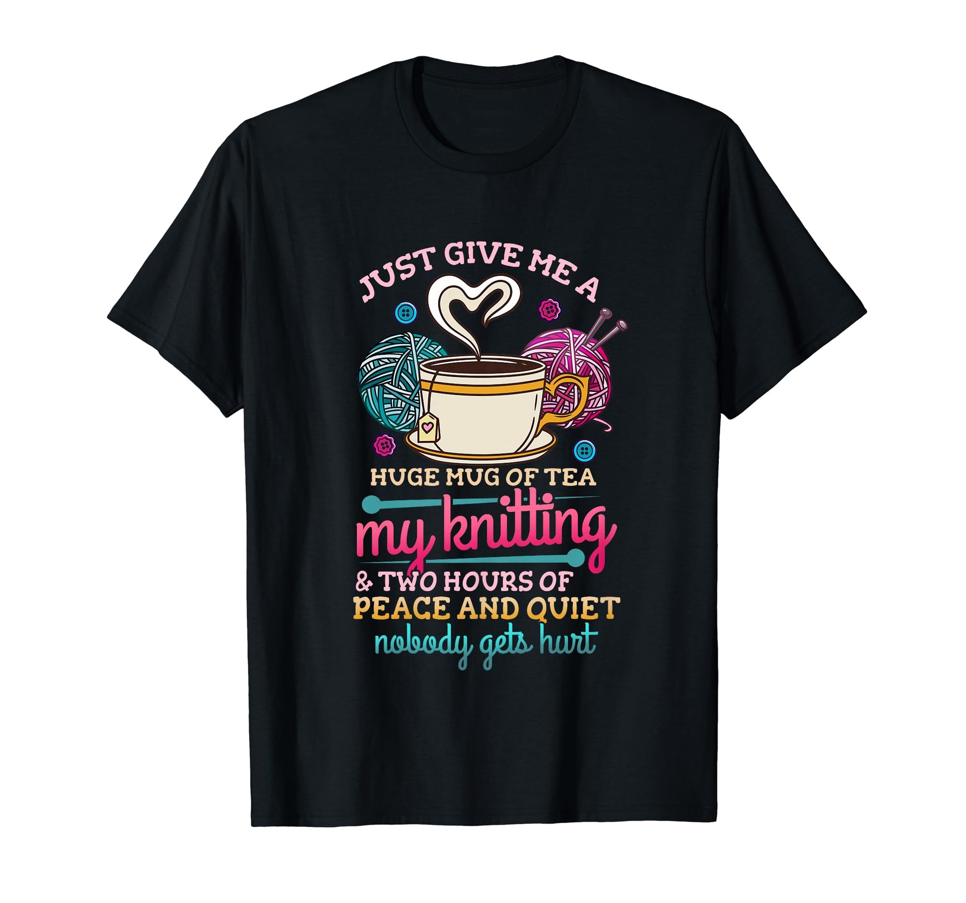 Colorful Knitting Elements T-Shirt - Perfect for Craft Lovers and Tea Enthusiasts