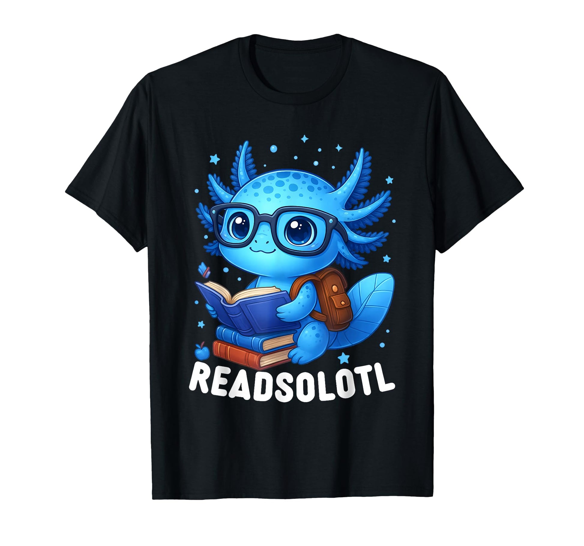 Cute Blue Axolotl Reading T-Shirt for Book Lovers, Funny and Whimsical Design
