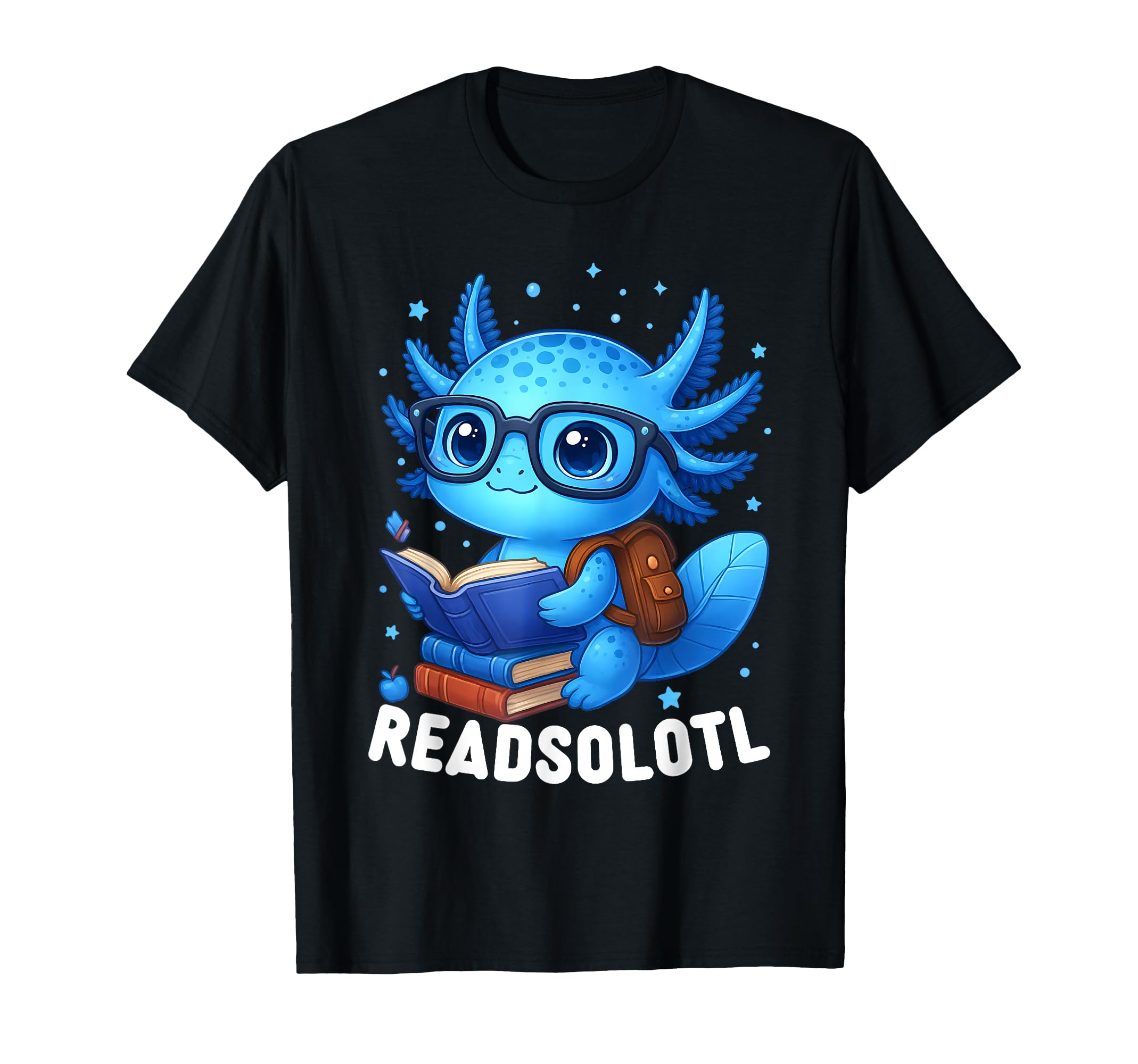 Cute Blue Axolotl Reading T-Shirt for Book Lovers, Funny and Whimsical Design