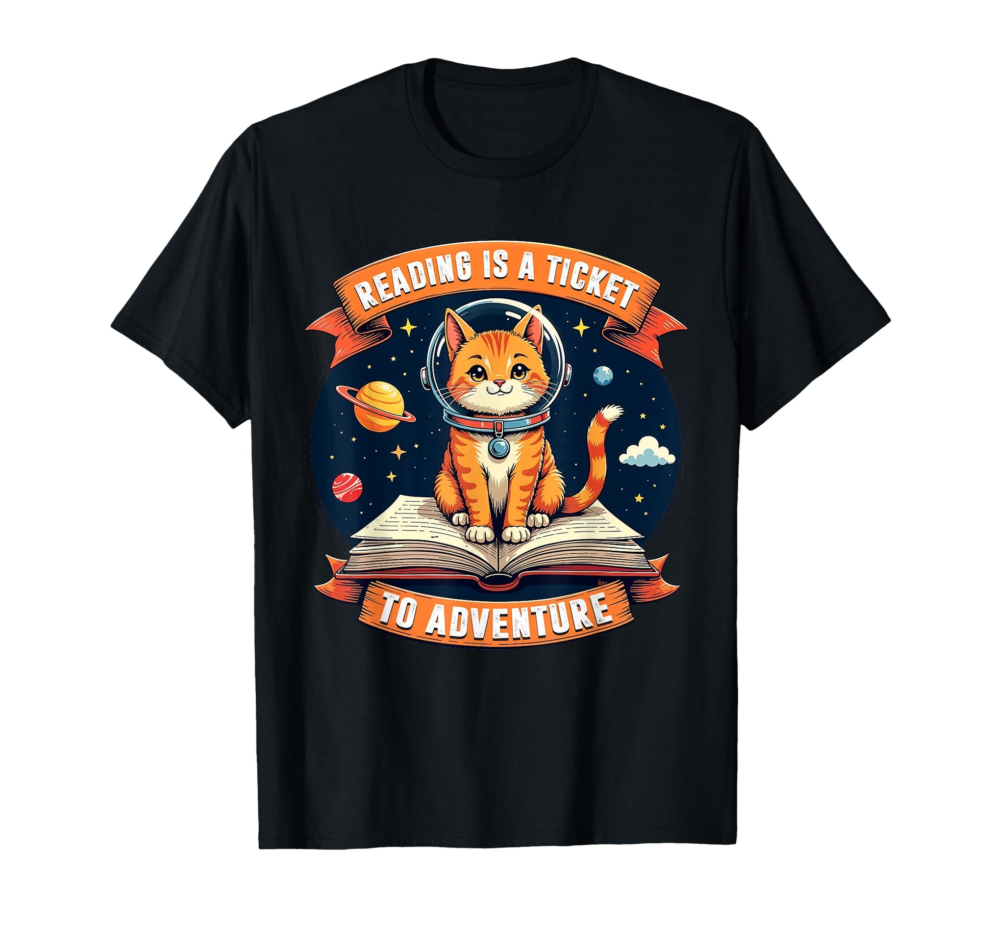 Whimsical Space Cat Adventure T-Shirt for Book Lovers and Dreamers