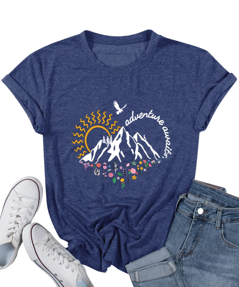 Women's Funny Cute Summer Casual Sunrise Mountain Wildflower Graphic T-Shirt for Hiking Nature Adventure