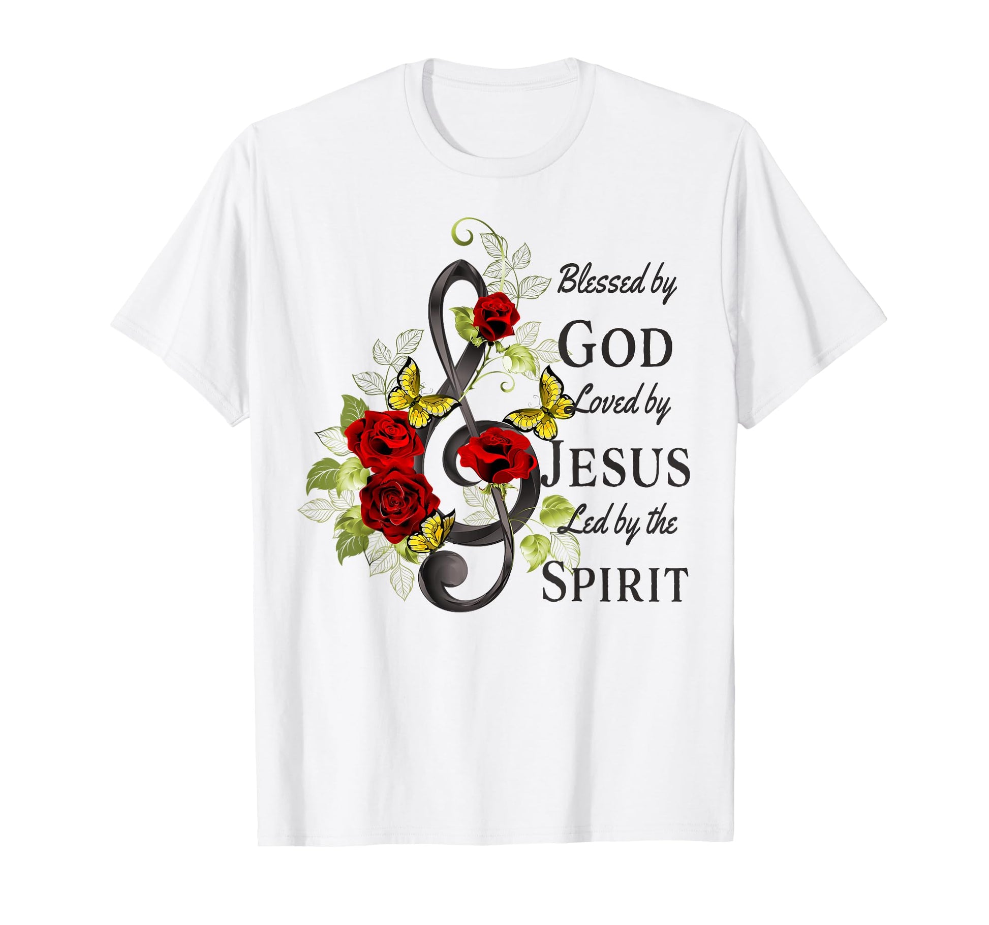 Blessed by God - Loved by Jesus Music Clef and Rose T-Shirt with Floral Design