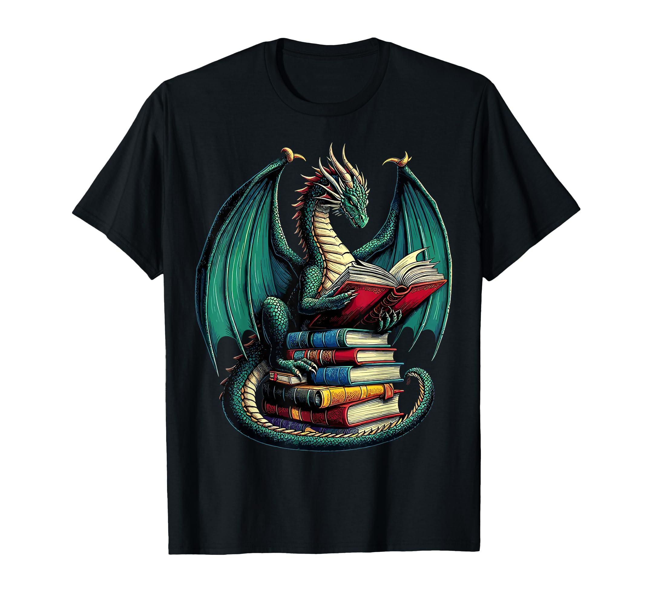 Colorful Dragon Reading Books T-Shirt for Book Lovers and Fantasy Fans