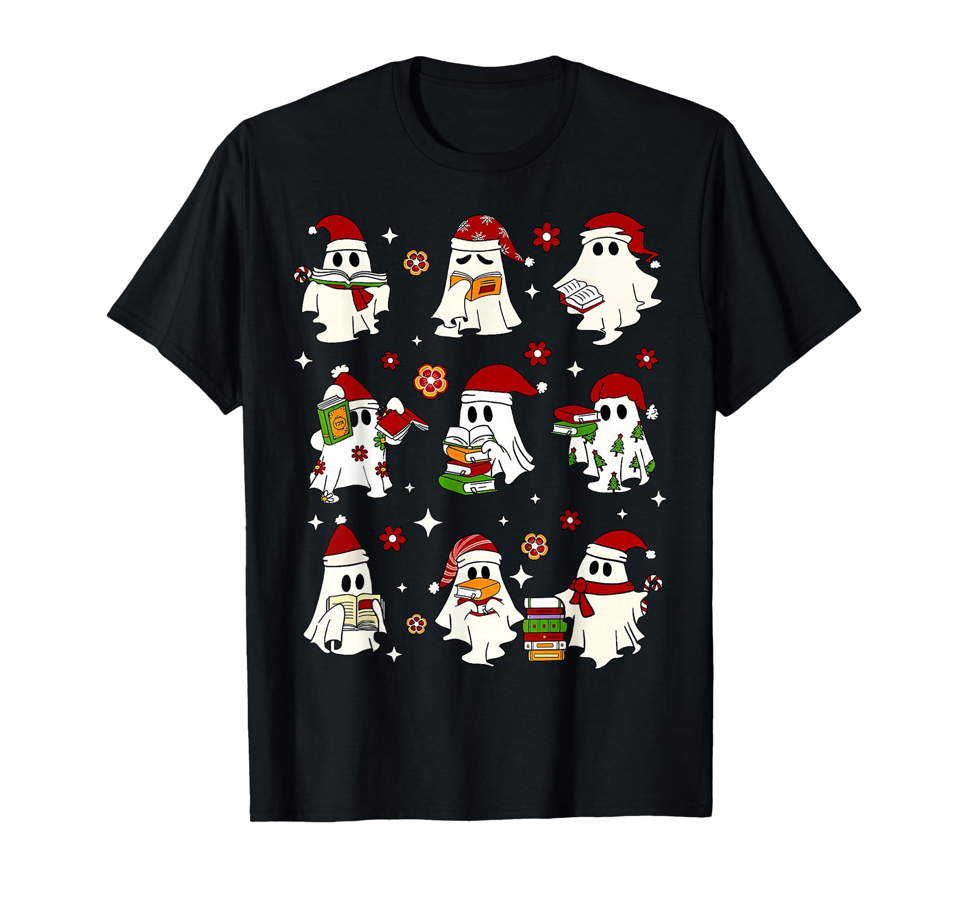 Funny Santa Ghosts Reading Books T-Shirt for Christmas Library Teacher Gifts