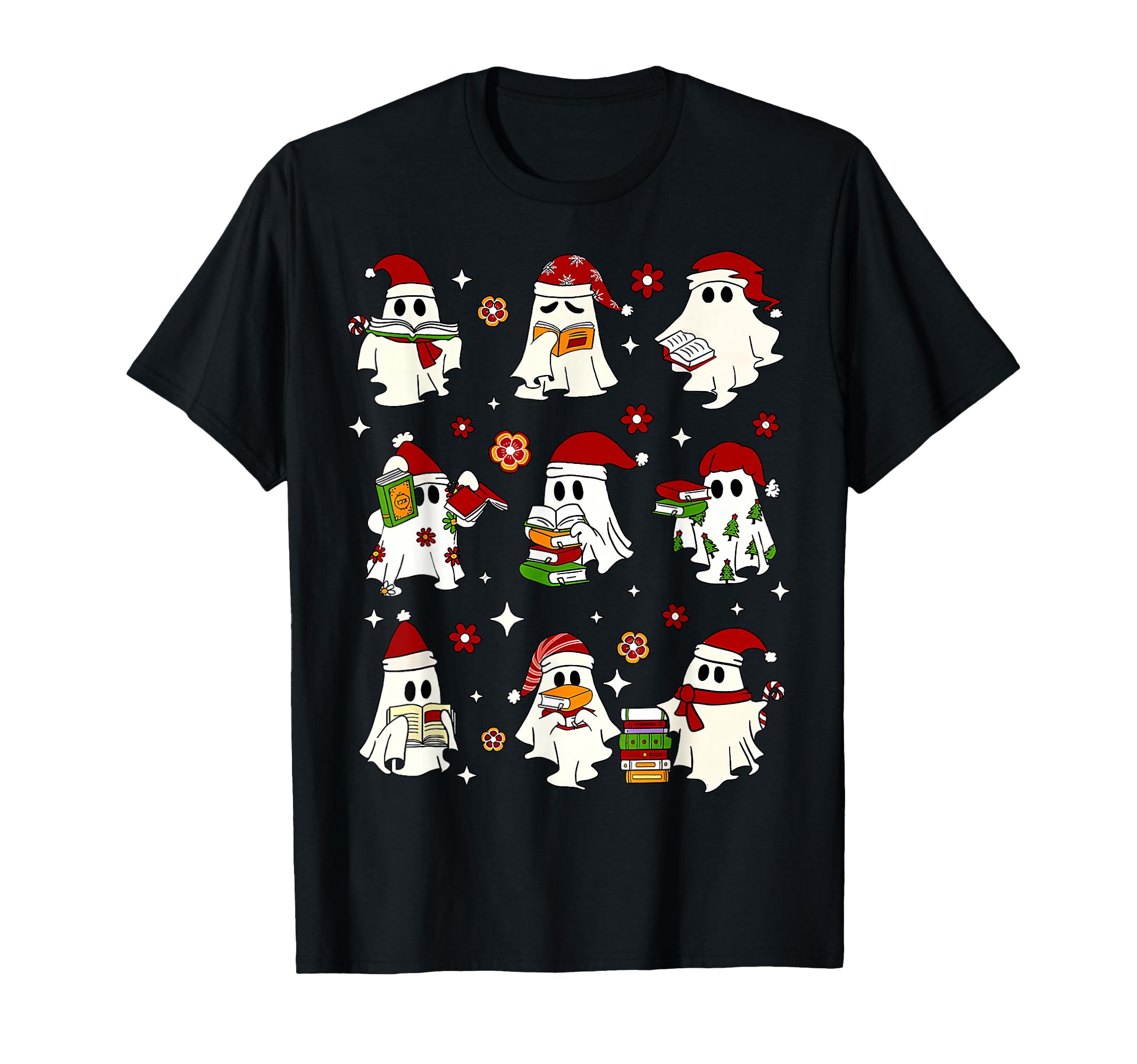 Funny Santa Ghosts Reading Books T-Shirt for Christmas Library Teacher Gifts