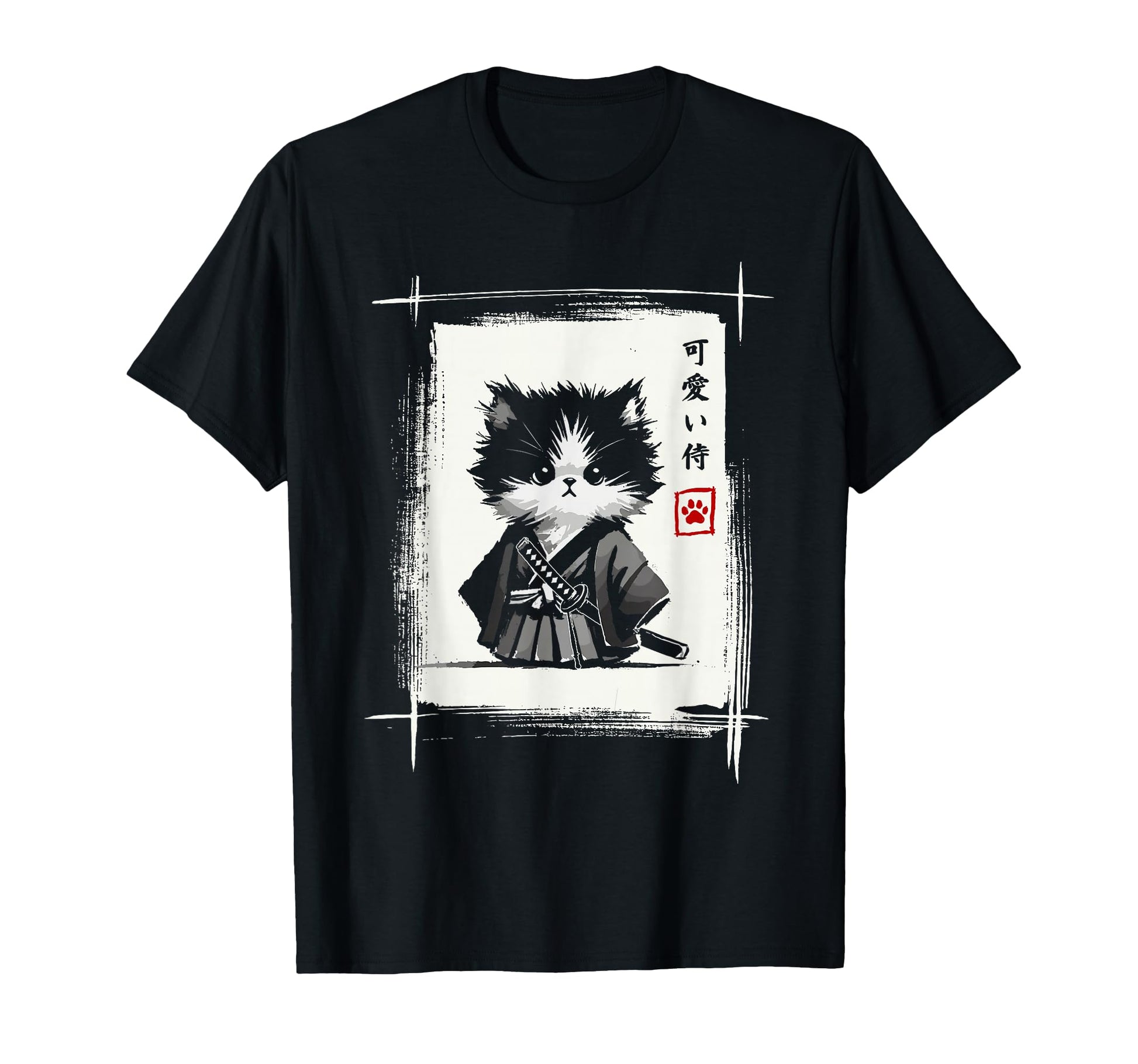 Cute Samurai Cat Japanese Art Sumi-e T-Shirt for Kawaii and Fun Fashion Enthusiasts