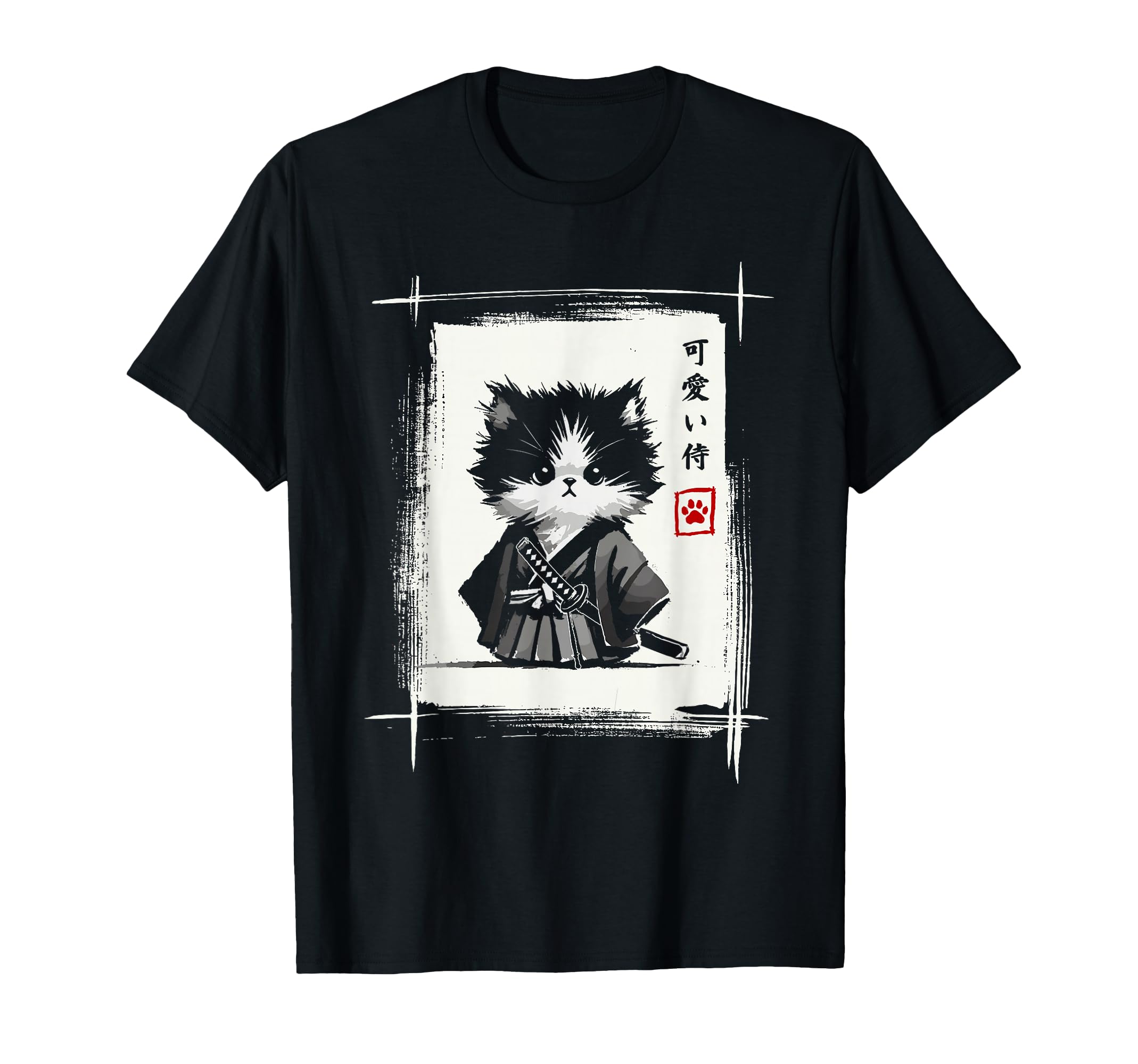 Cute Samurai Cat Japanese Art Sumi-e T-Shirt for Kawaii and Fun Fashion Enthusiasts
