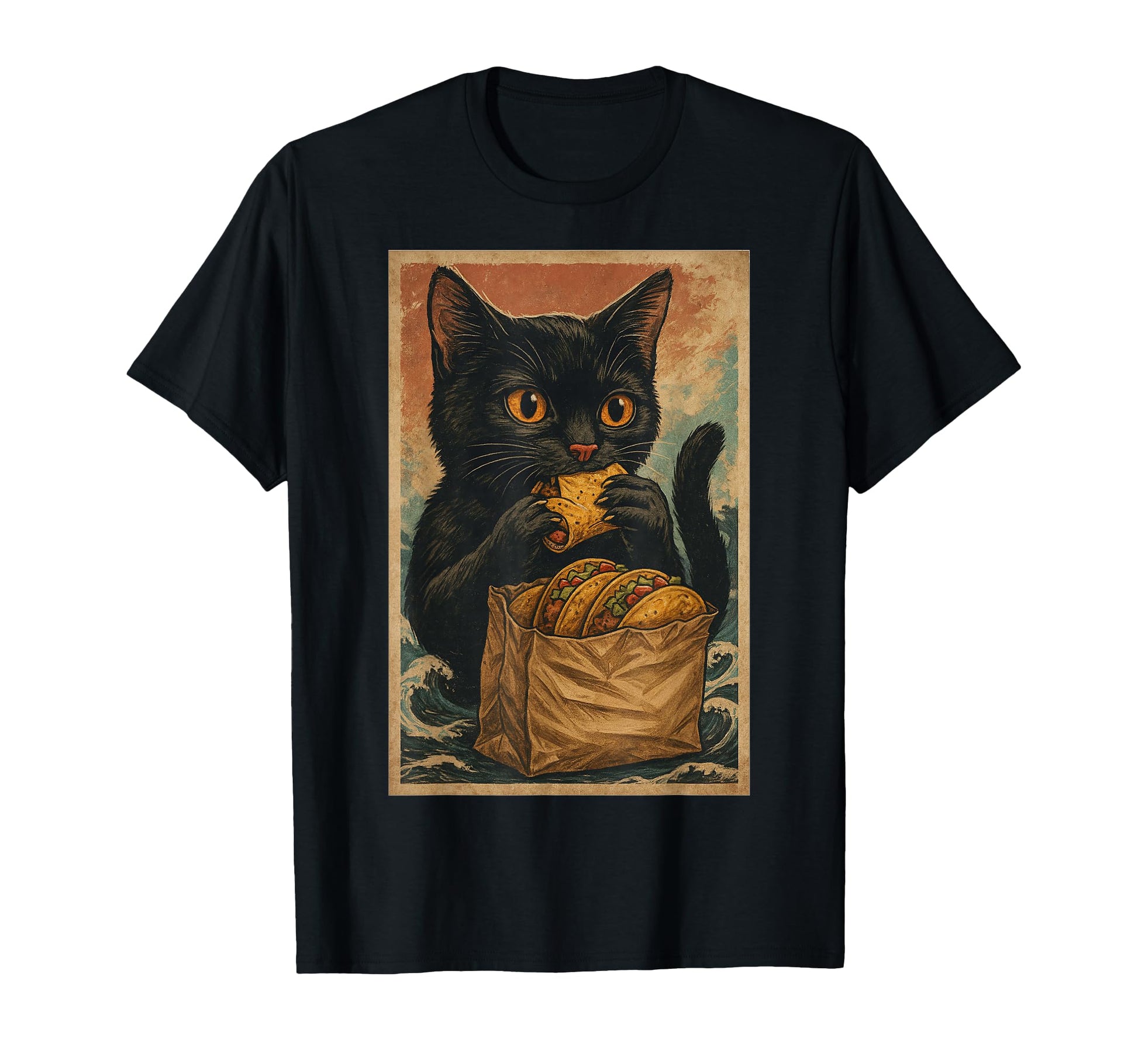 Funny Retro Black Cat Eating Tacos T-Shirt for Cat Lovers and Taco Enthusiasts