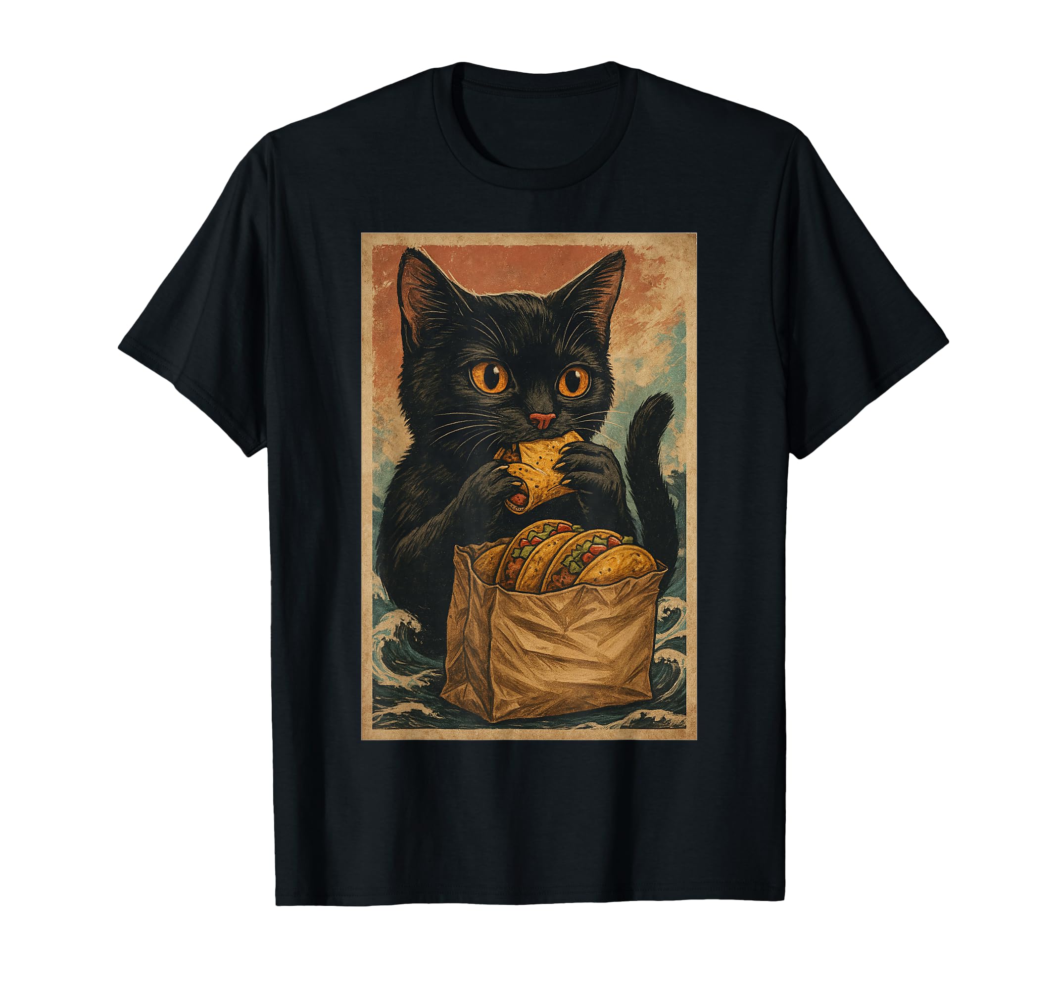 Funny Retro Black Cat Eating Tacos T-Shirt for Cat Lovers and Taco Enthusiasts