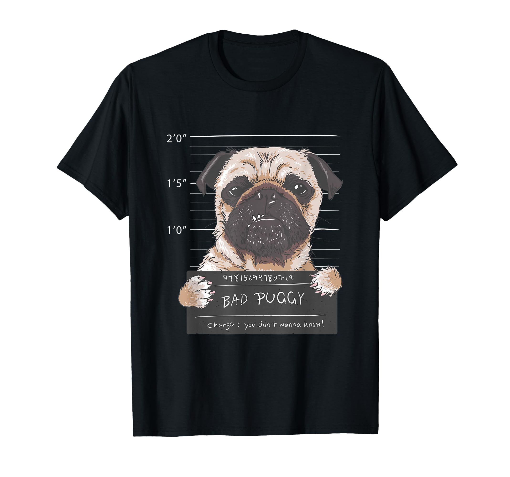 Cute Pug Mugshot Bad Puggy Puppy Humor Funny Dog T-Shirt - Cartoon Pug Design on Black Background