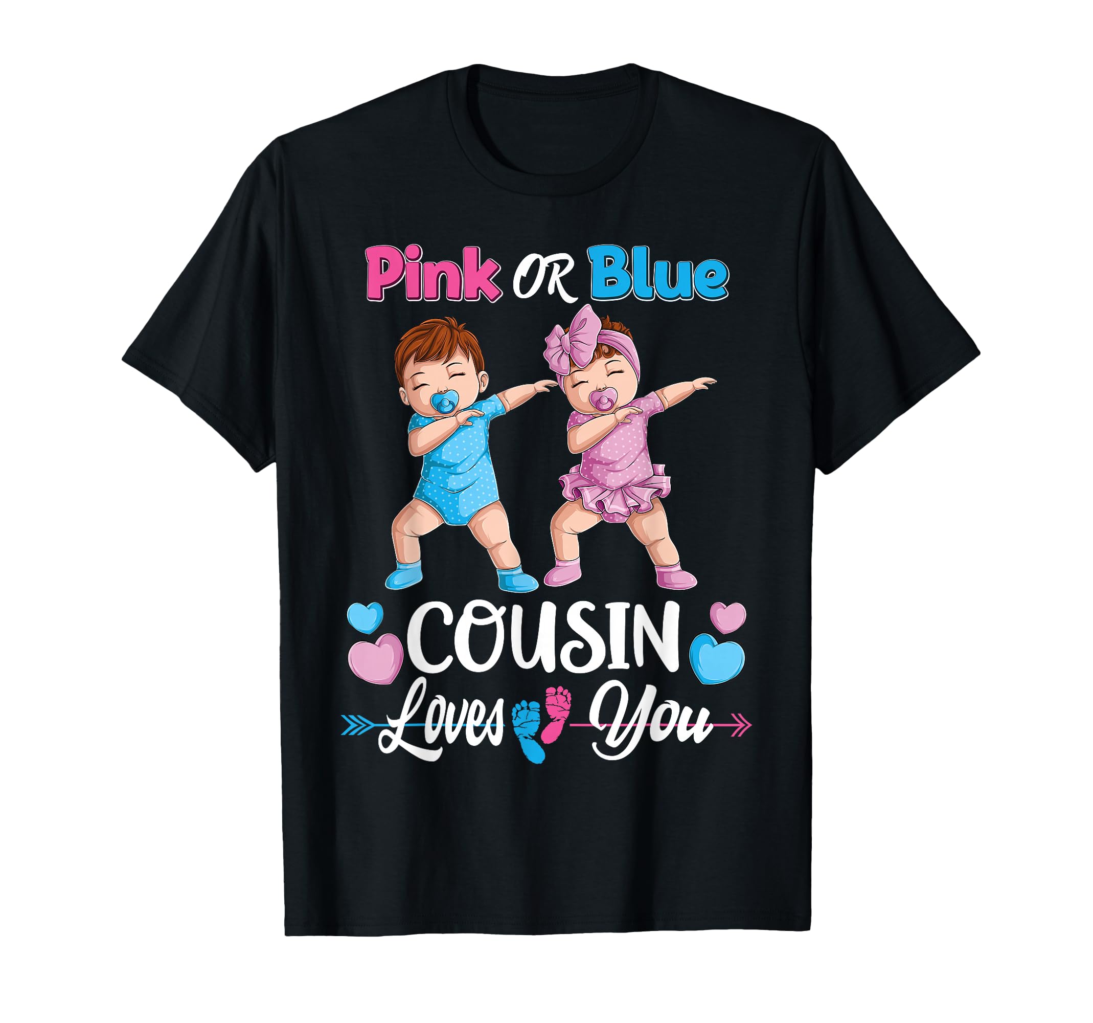 Pink or Blue Cousin Loves You Baby Gender Reveal Party T-Shirt - Playful Cartoon Baby Design with Hearts and Arrows