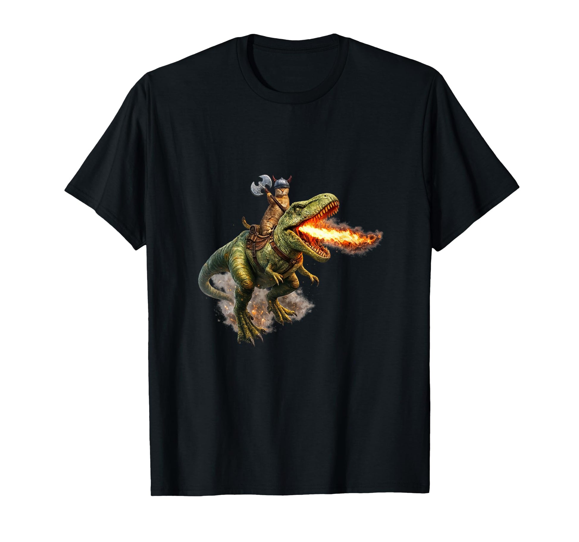 Whimsical Viking Cat Riding T-Rex Dinosaur T-Shirt for Epic Fantasy Art Lovers