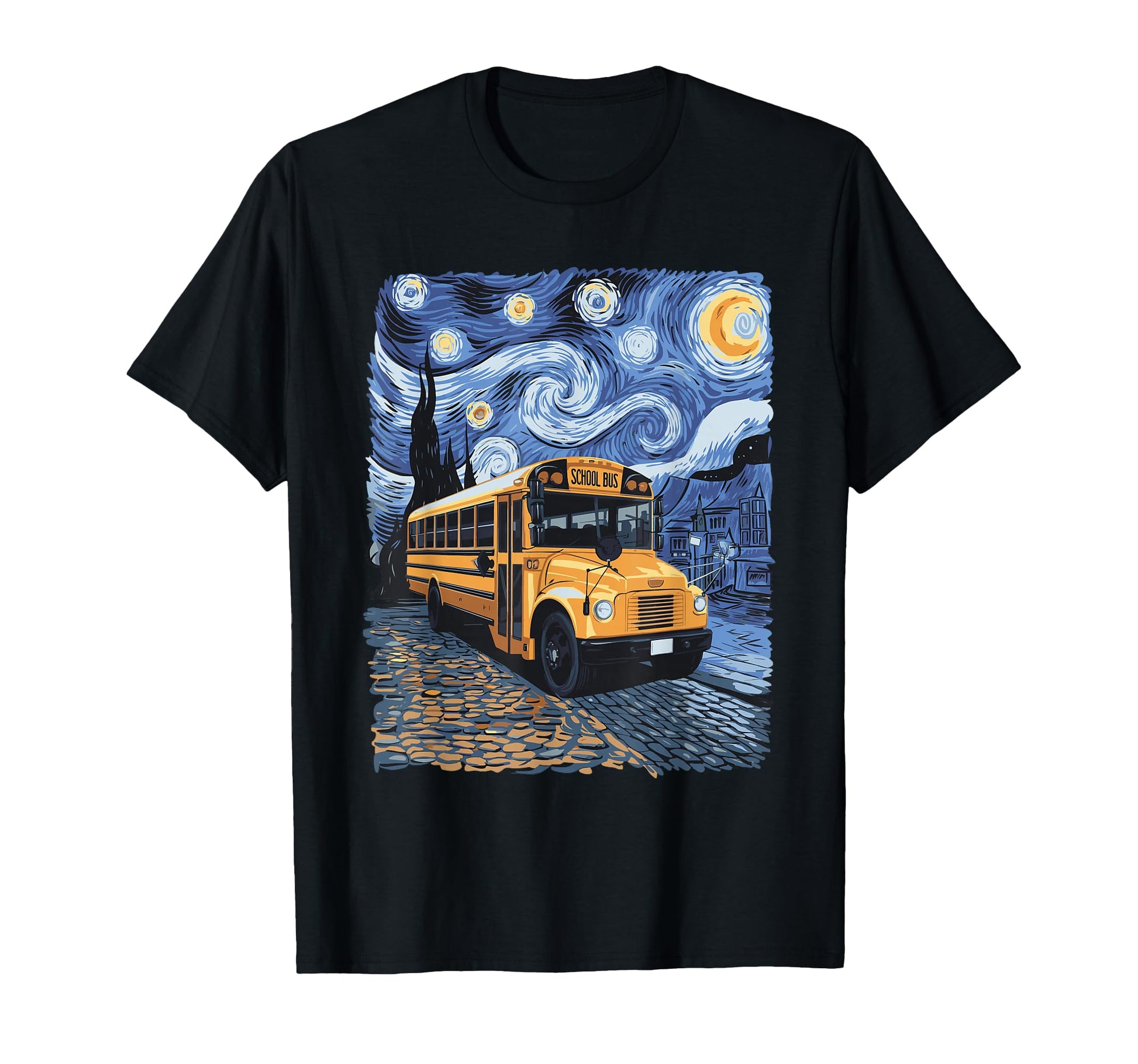Vintage School Bus Starry Night T-Shirt for Art Lovers and Nature Enthusiasts