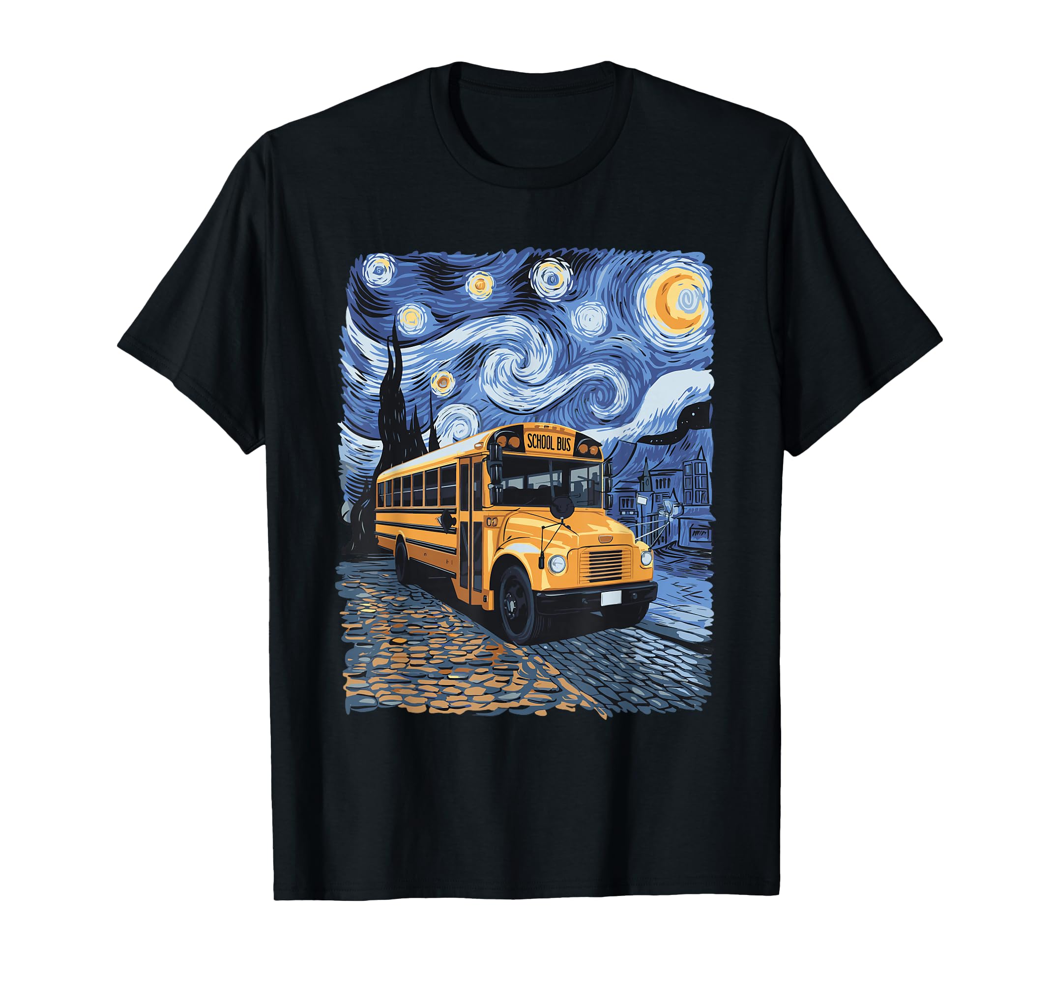 Vintage School Bus Starry Night T-Shirt for Art Lovers and Nature Enthusiasts