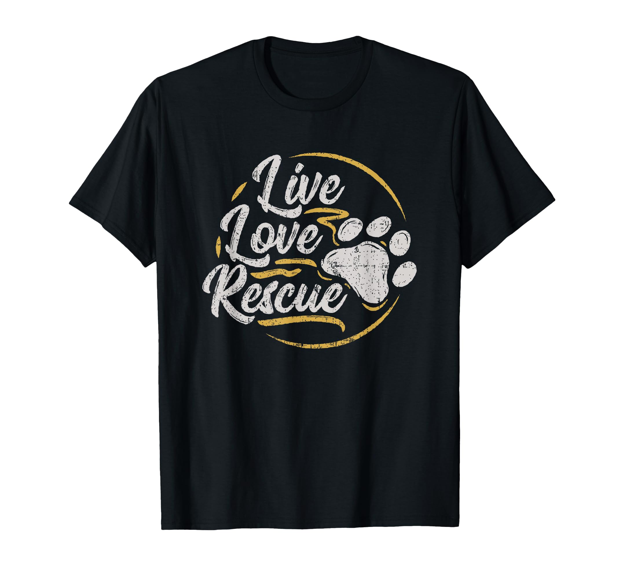 Live Love Rescue Dog Lover Adoption T-Shirt with Paw Print Design - Black T-Shirt