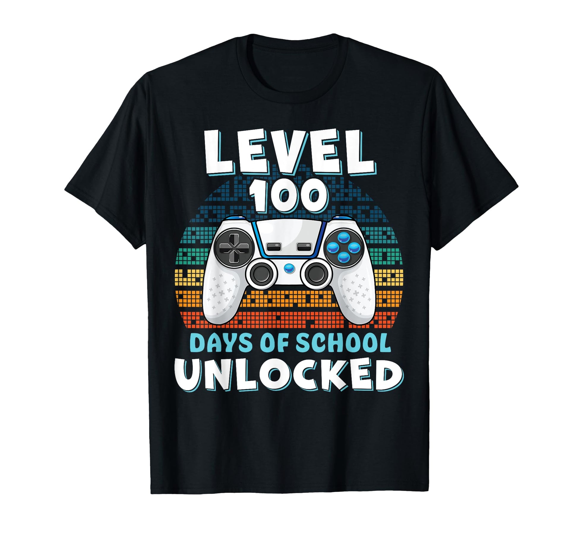 100th Day of School T-Shirt for Gaming Enthusiasts - Colorful Controller Design with Pixelated Background