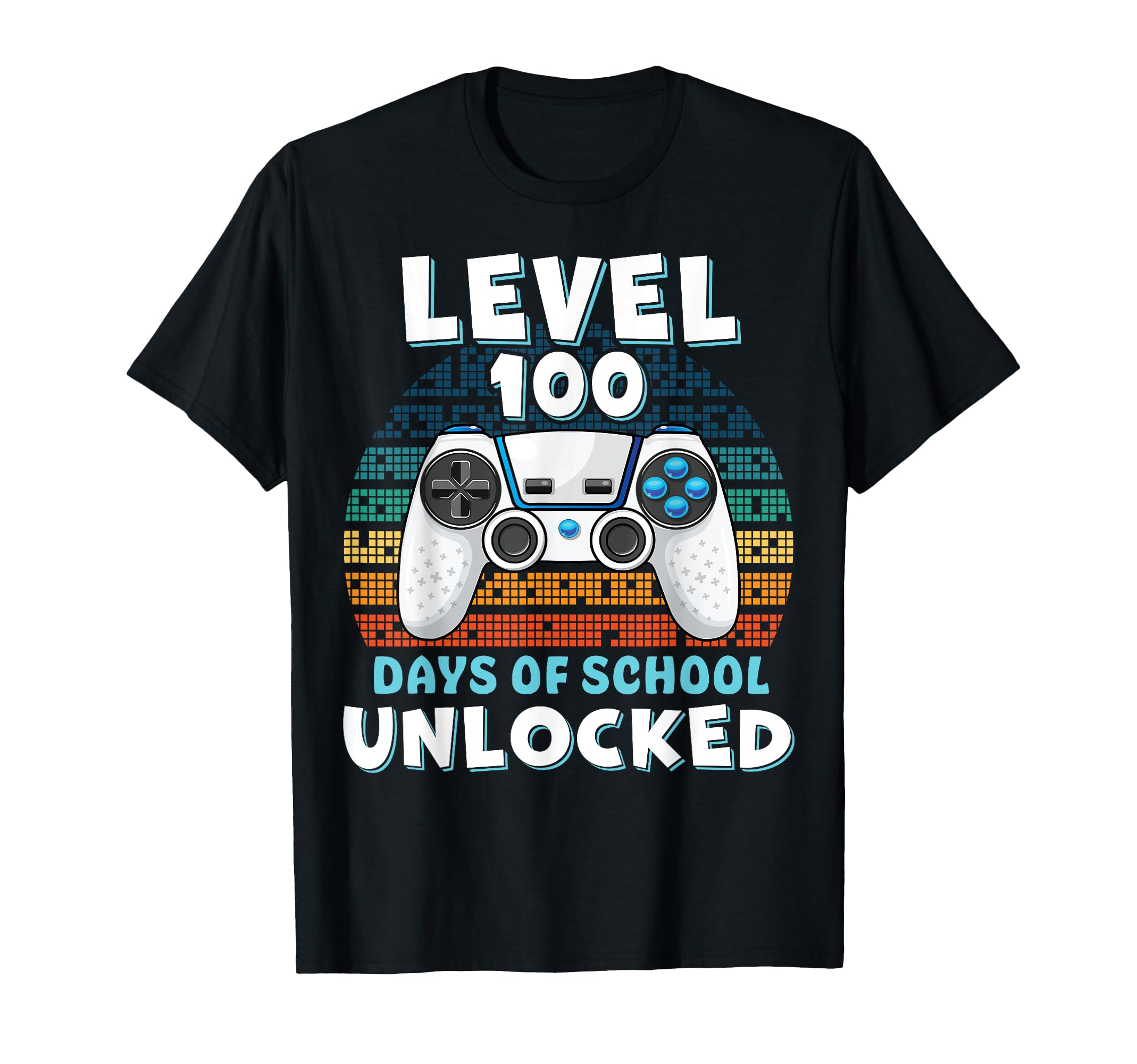 100th Day of School T-Shirt for Gaming Enthusiasts - Colorful Controller Design with Pixelated Background