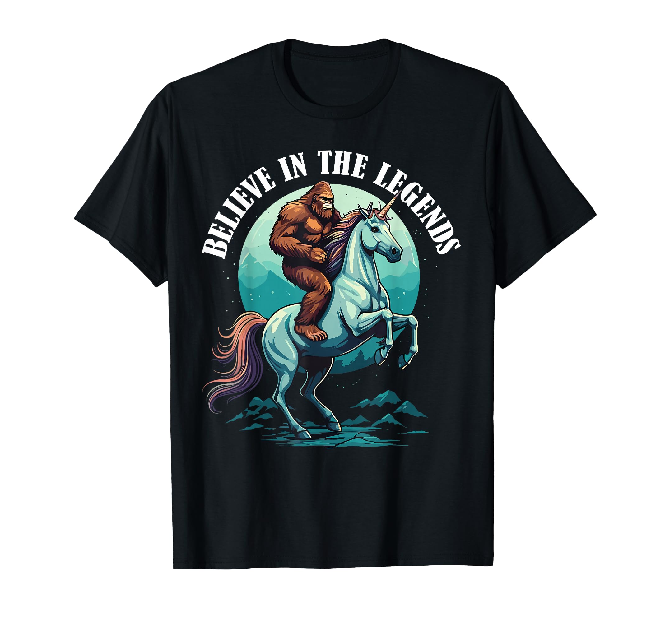 Funny Bigfoot Riding Unicorn Graphic T-Shirt for Mythical Creature Lovers