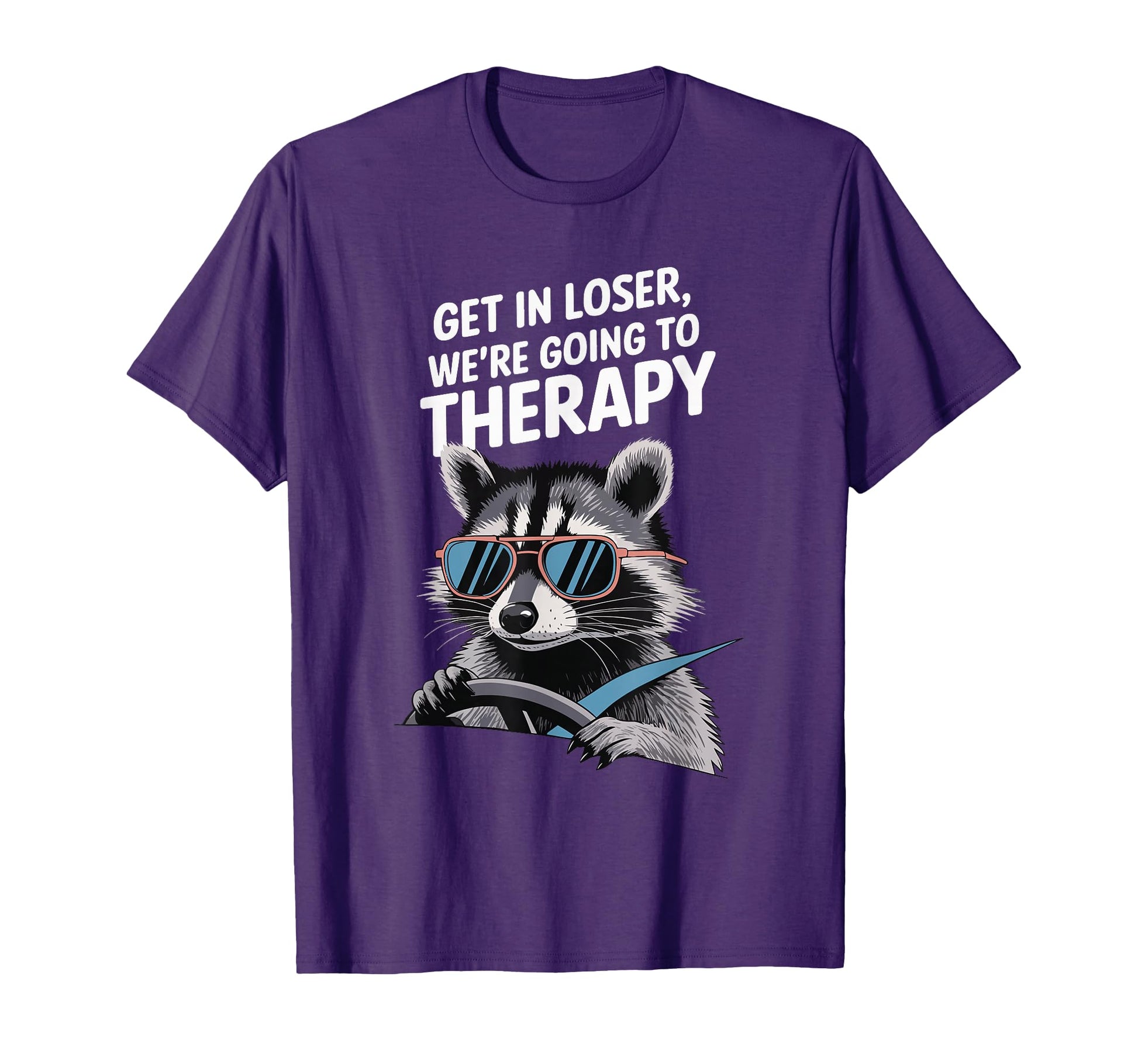 Playful Cartoon Raccoon Driving T-Shirt - Fun Therapy Humor for Casual Wear