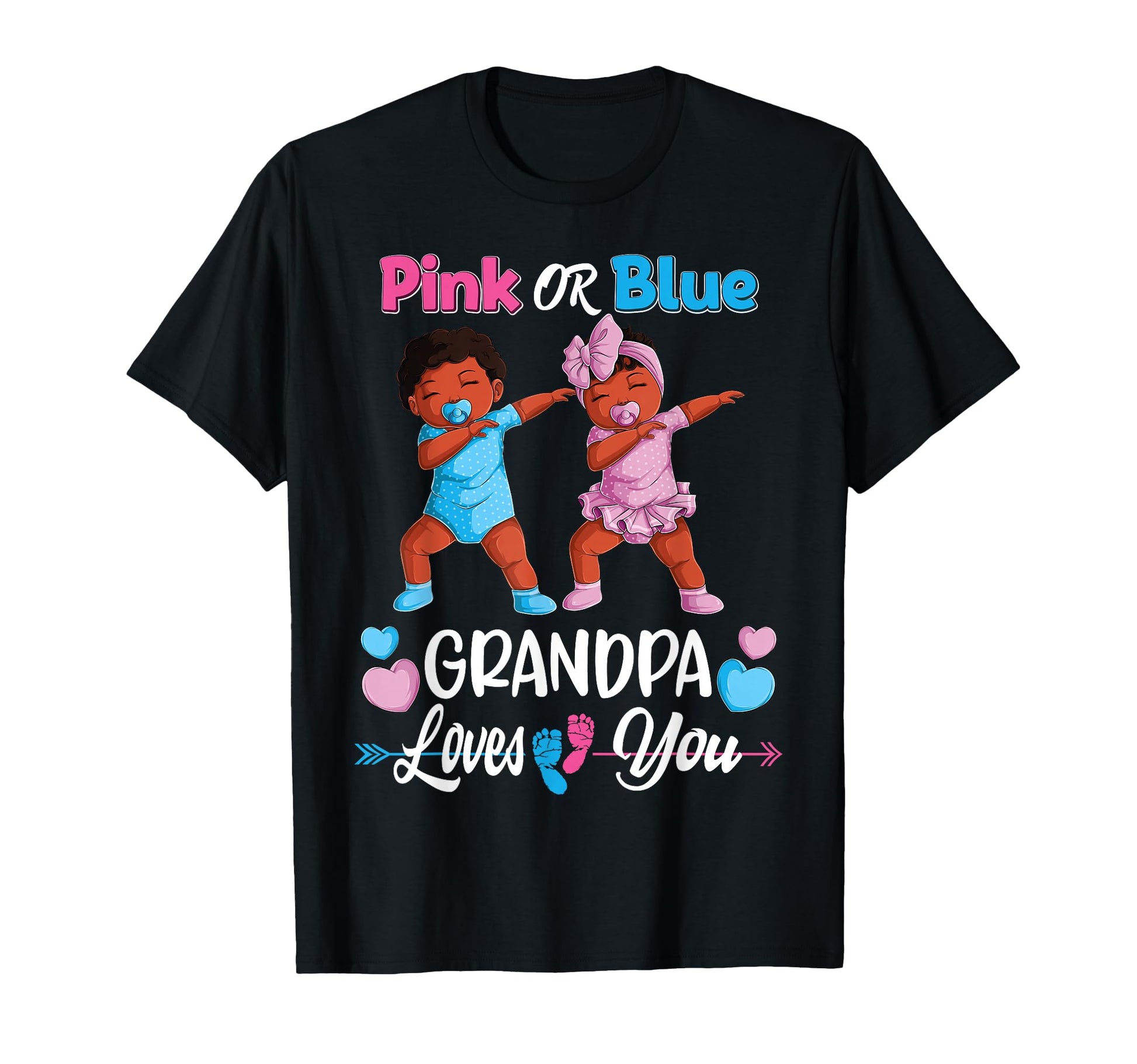 Pink or Blue Grandpa Loves You Black Baby Gender Reveal T-Shirt - Playful Cartoon Design