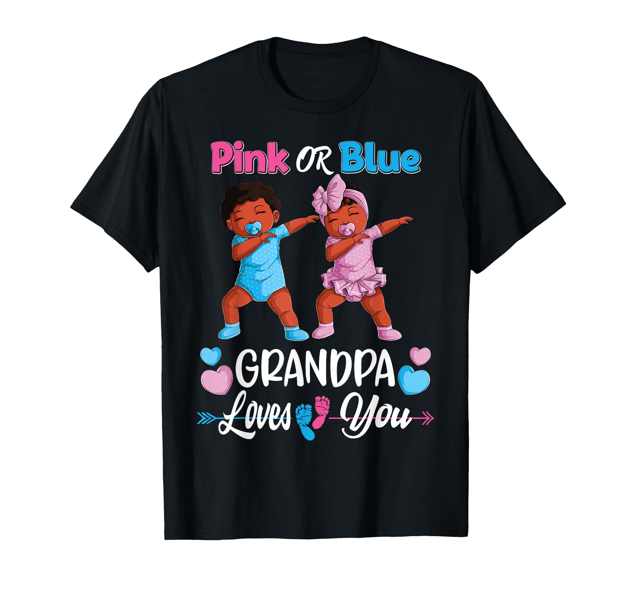 Pink or Blue Grandpa Loves You Black Baby Gender Reveal T-Shirt - Playful Cartoon Design