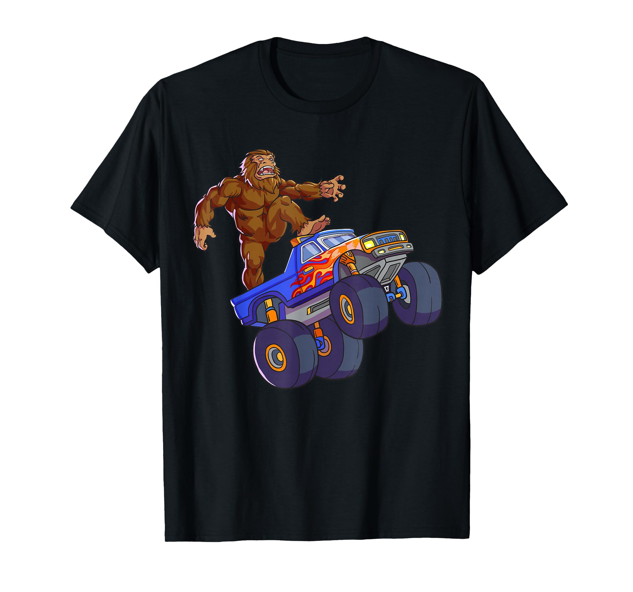 Funny Bigfoot Riding Monster Truck Graphic T-Shirt for Adventure Lovers