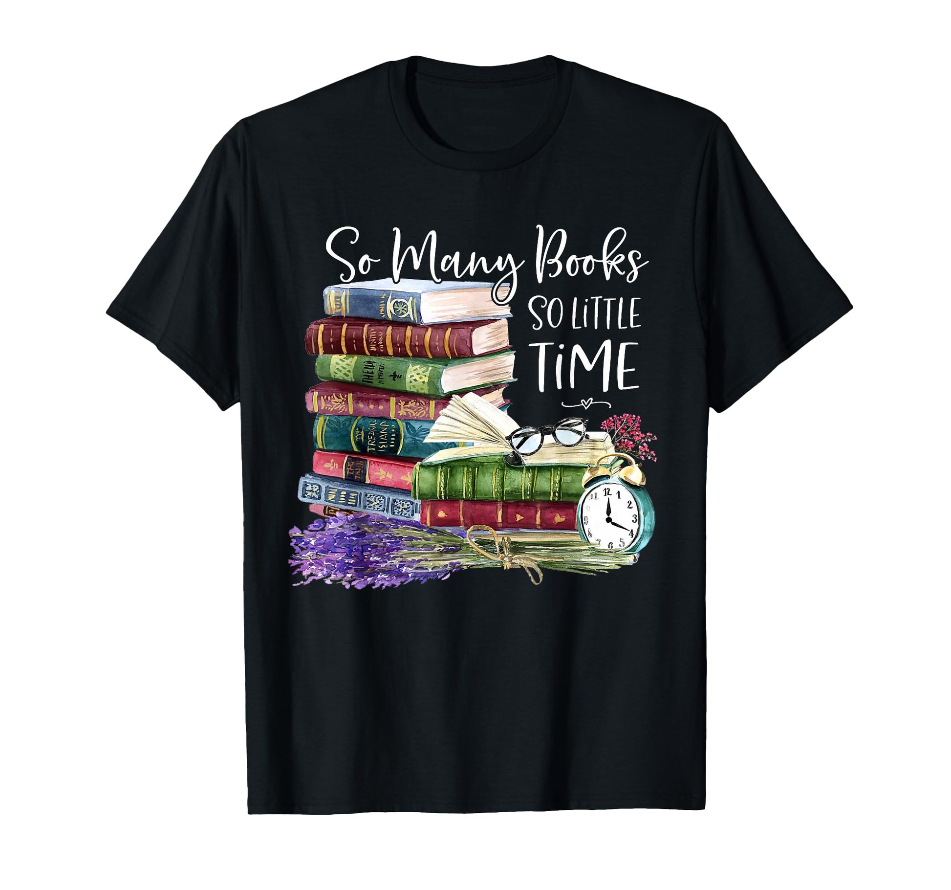 Colorful Book Stack and Clock Funny T-Shirt for Book Lovers and Bookworms