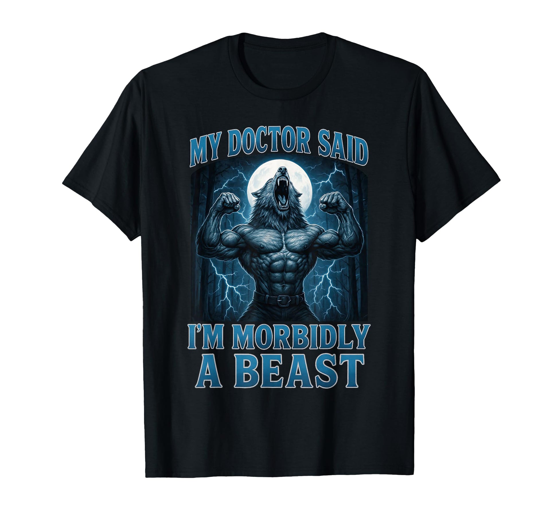 Funny Alpha Wolf Beast Meme T-Shirt for Men, Women, and Teens - Muscular Werewolf Roaring with Full Moon Design