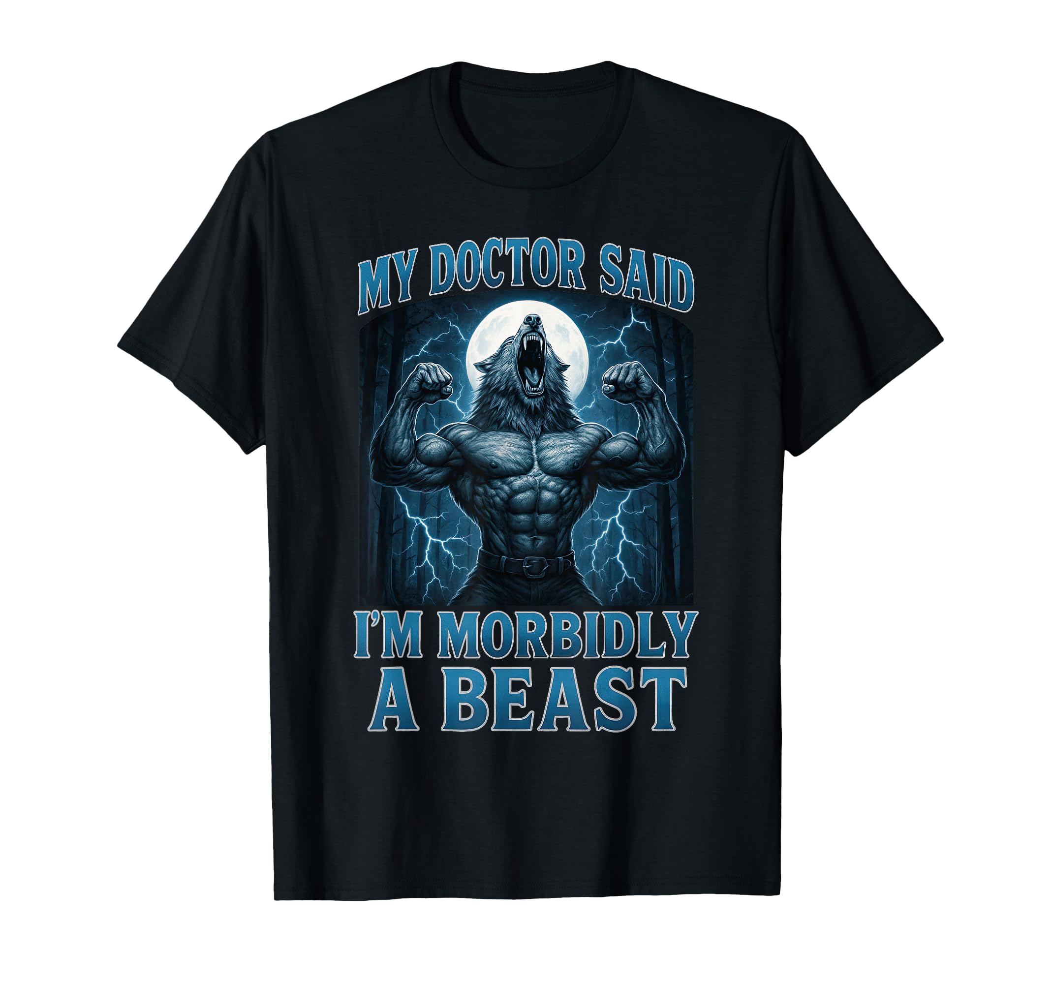 Funny Alpha Wolf Beast Meme T-Shirt for Men, Women, and Teens - Muscular Werewolf Roaring with Full Moon Design