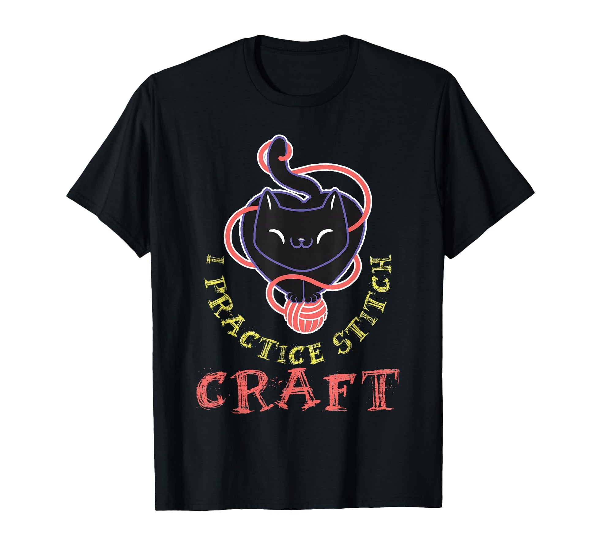 Cute Cartoon Cat Knitting T-Shirt for Craft Lovers - I Practice Stitch Craft Design