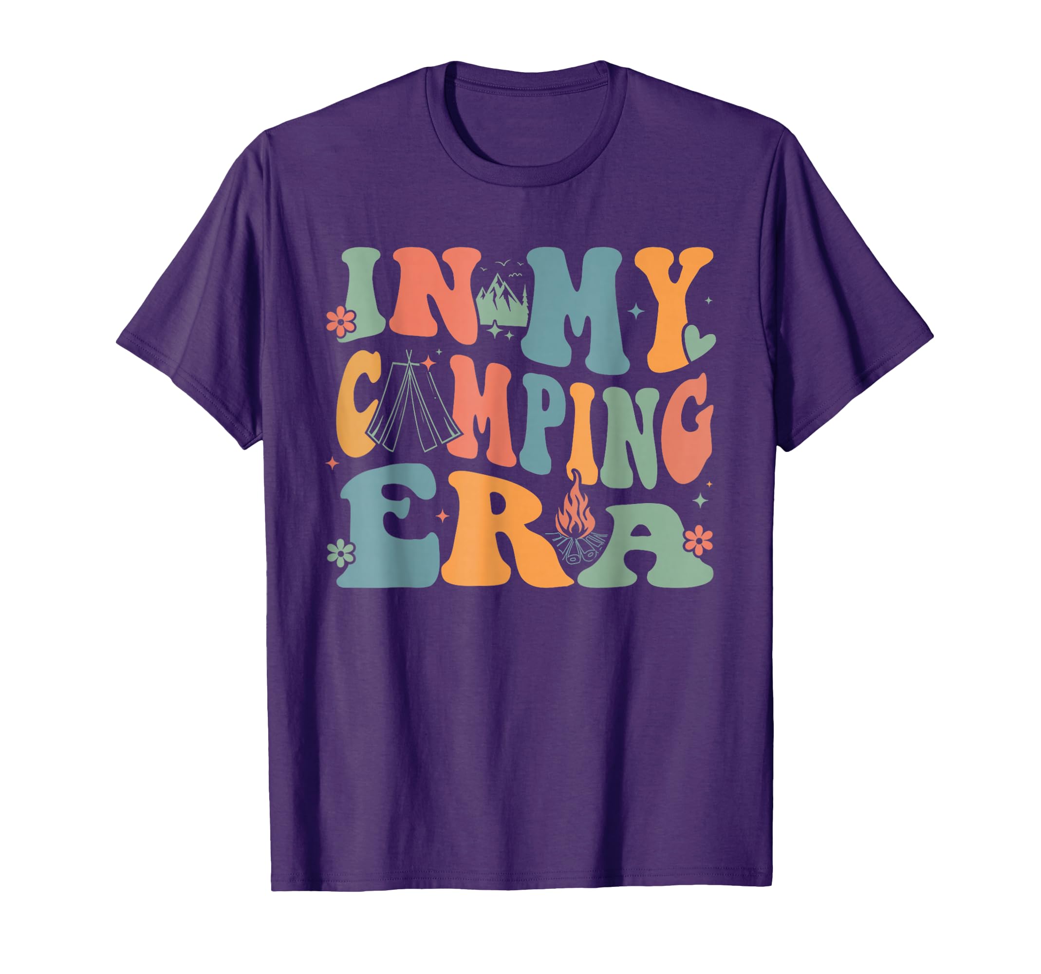 Colorful Camping Theme T-Shirt with Playful Design for Outdoor Adventure Enthusiasts