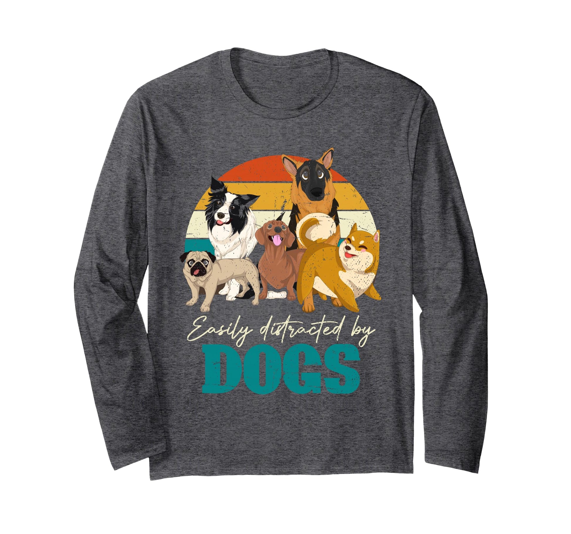 Funny Easily Distracted By Dogs Long Sleeve T-Shirt for Pet Lovers with Retro Cartoon Design