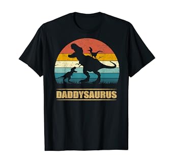 Vintage Sunset Daddysaurus Dinosaur Dad & Two Offspring T-Shirt Gift for Fathers