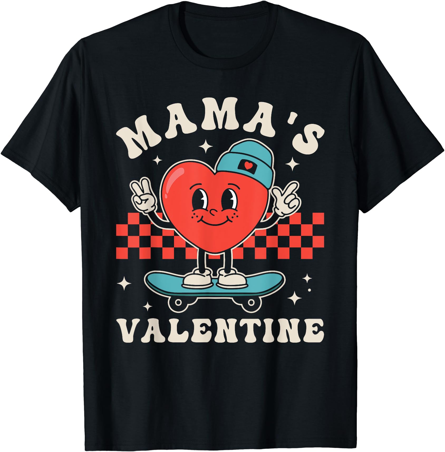 Retro Groovy "Mama is My Valentine" Skateboard Heart Graphic T-Shirt Fun Valentine's Day Style