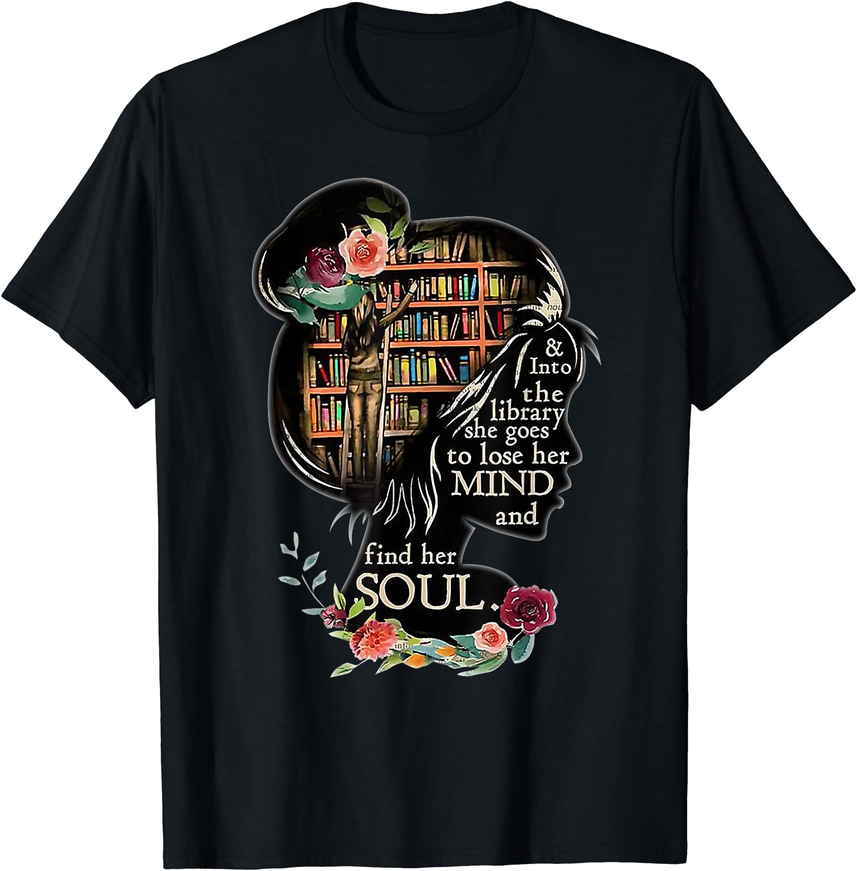 Literary Book Lover Floral Silhouette T-Shirt for Reading Enthusiasts
