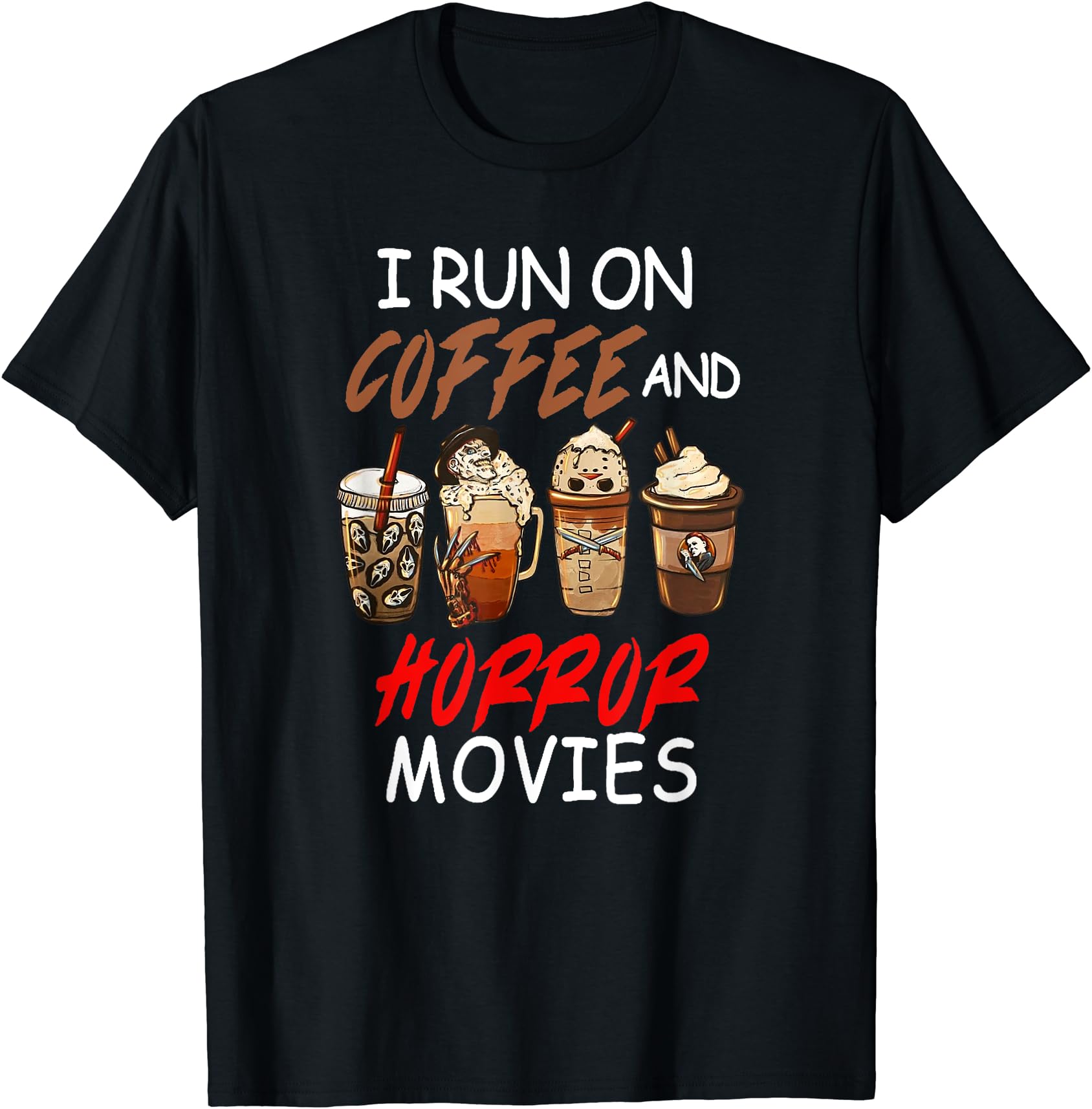 Playful Coffee and Horror Movies T-Shirt for Fun Halloween Celebrations