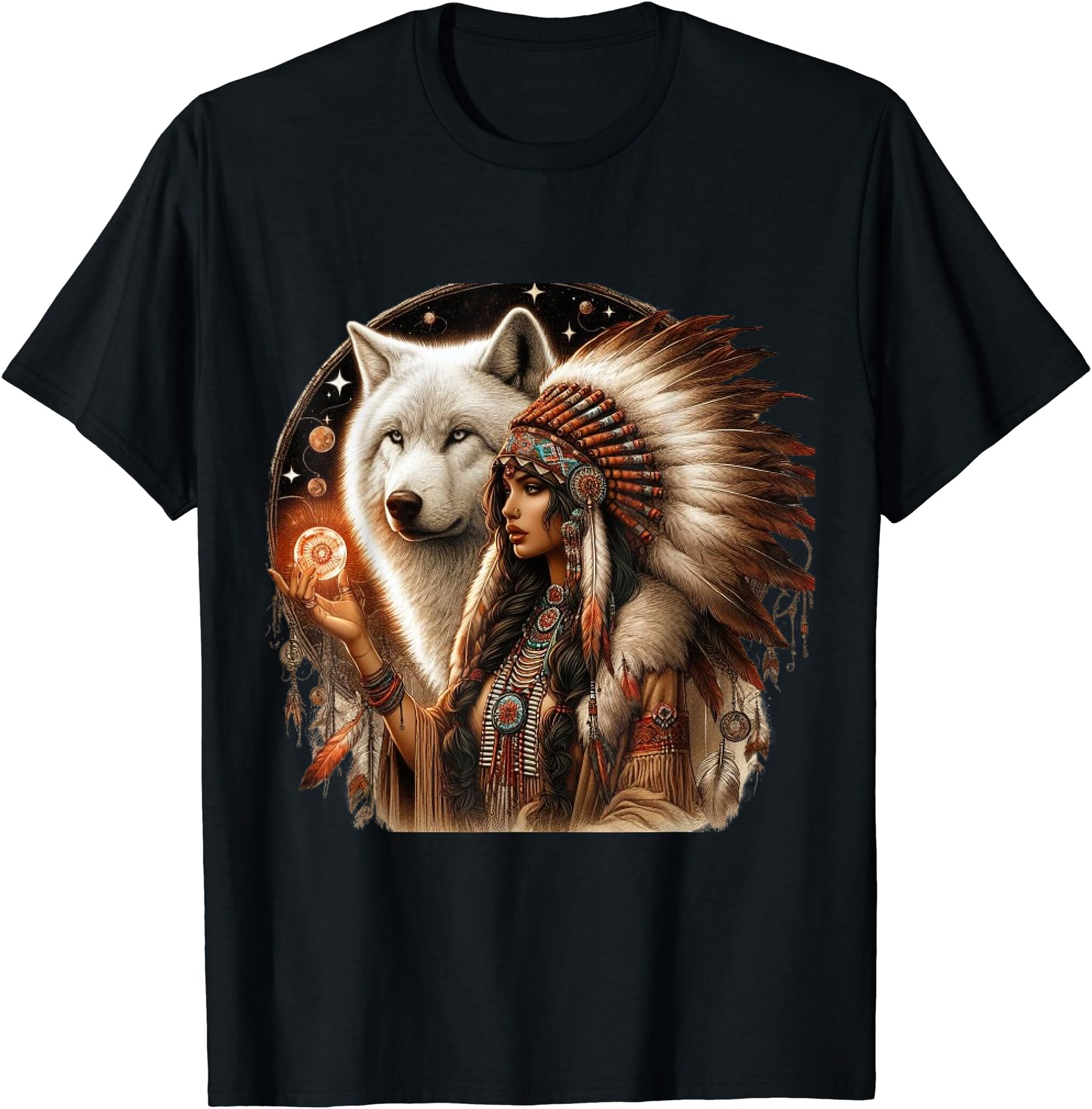 Stylized Indian Native American Woman with White Wolf Vintage Gifts T-Shirt for Unique Cultural Expression